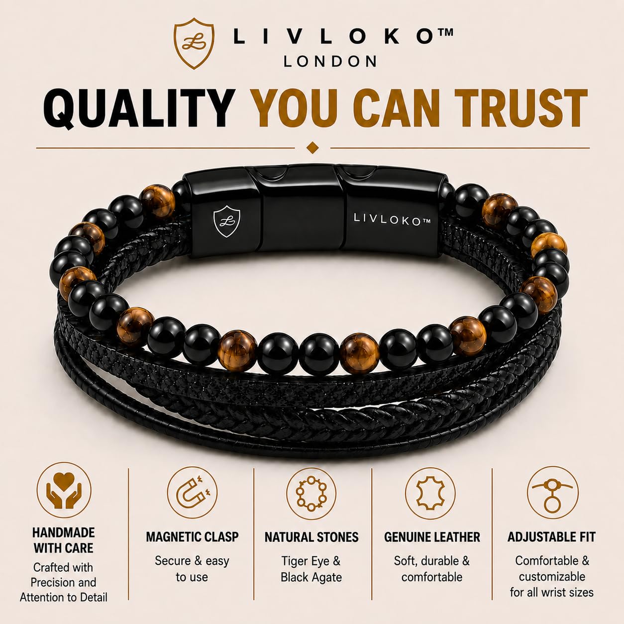 LIVLOKO LONDON Mens Bracelet Leather Black Multi-Layer Tiger Eye Stone Beads Adjustable Steel Clasp Viking Rope Bands Surfer Man Wristband Male UK Jewellery Gift box Husband Boyfriend Dad Son