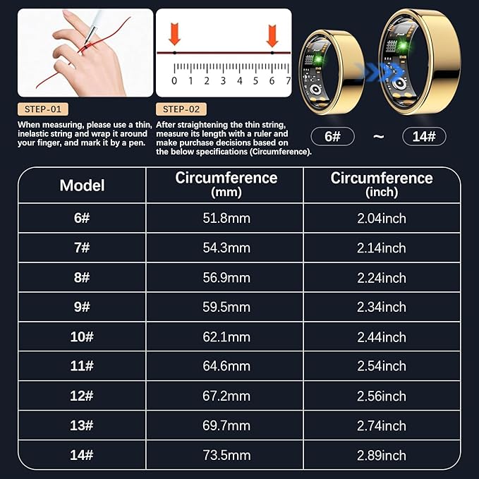 Ring Health Tracker for Women Men, Fit Ring with Heart Rate, Blood Oxygen, Sleep Monitor, Calories, Step Counter, IP68 Waterproof Smart Ring for iPhone & Android, No Subscription Fee (Gold, 11#)
