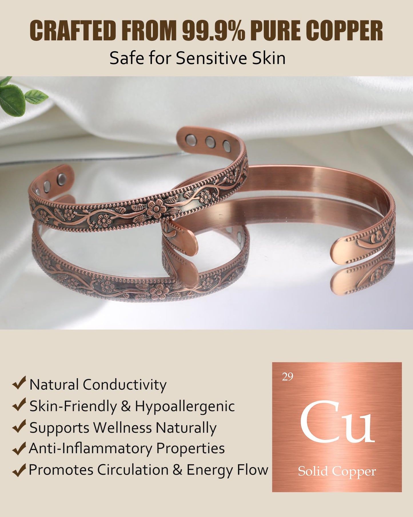 Jecanori 2Pcs Magnetic Copper Bracelets for Women, Vintage Flower 99.99% Pure Copper Bracelets with 3500 Gauss Magnets