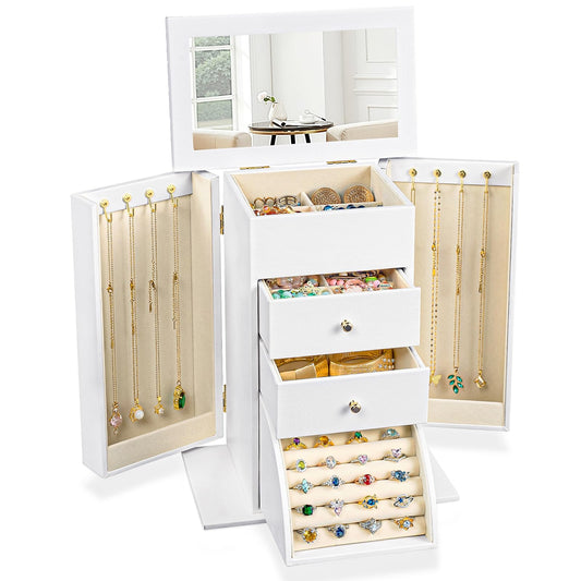 Emfogo Synthetic Leather Jewelry Box Organizer, Large Jewelry Boxes Storage with Mirror Velvet Interior, 4 Tier Jewlery Organizers for Women Girls Dedicated Slots for Ring Necklace (White)