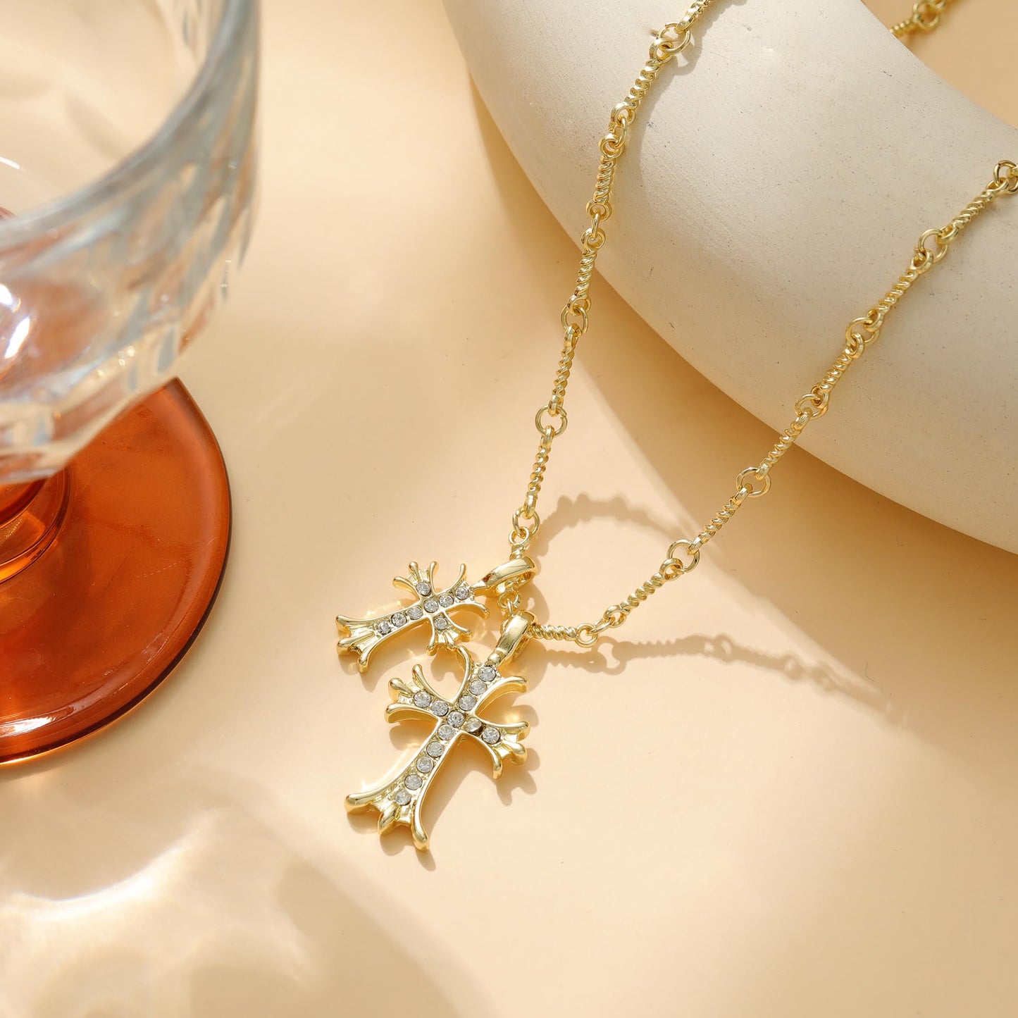 ANDKISS Cross Necklaces for Women - Dainty Cross Necklace 14k Gold Plated Necklace Simple Gold Charm Jewelry For Women (Double Cross)
