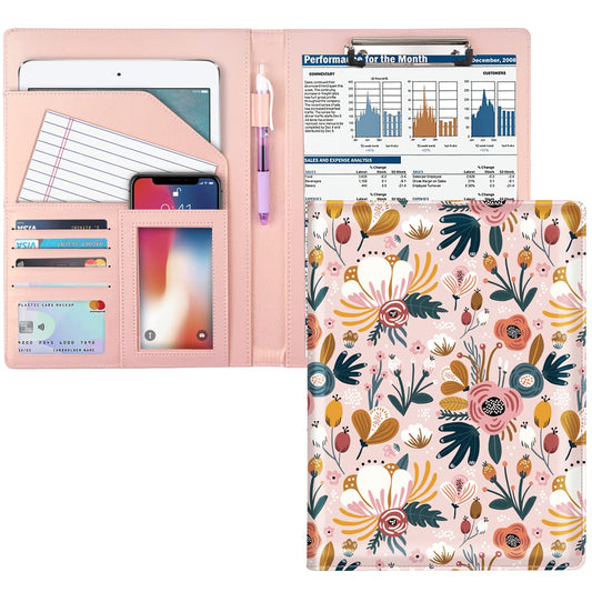 WAVEYU Portfolio Case for Women, Cute Floral Padfolio Cover for Girls, Conference/Resume/Legal Document Organizer with Letter/A4 Size Clipboard Hardboard, Business Card Holders, Pink Flower