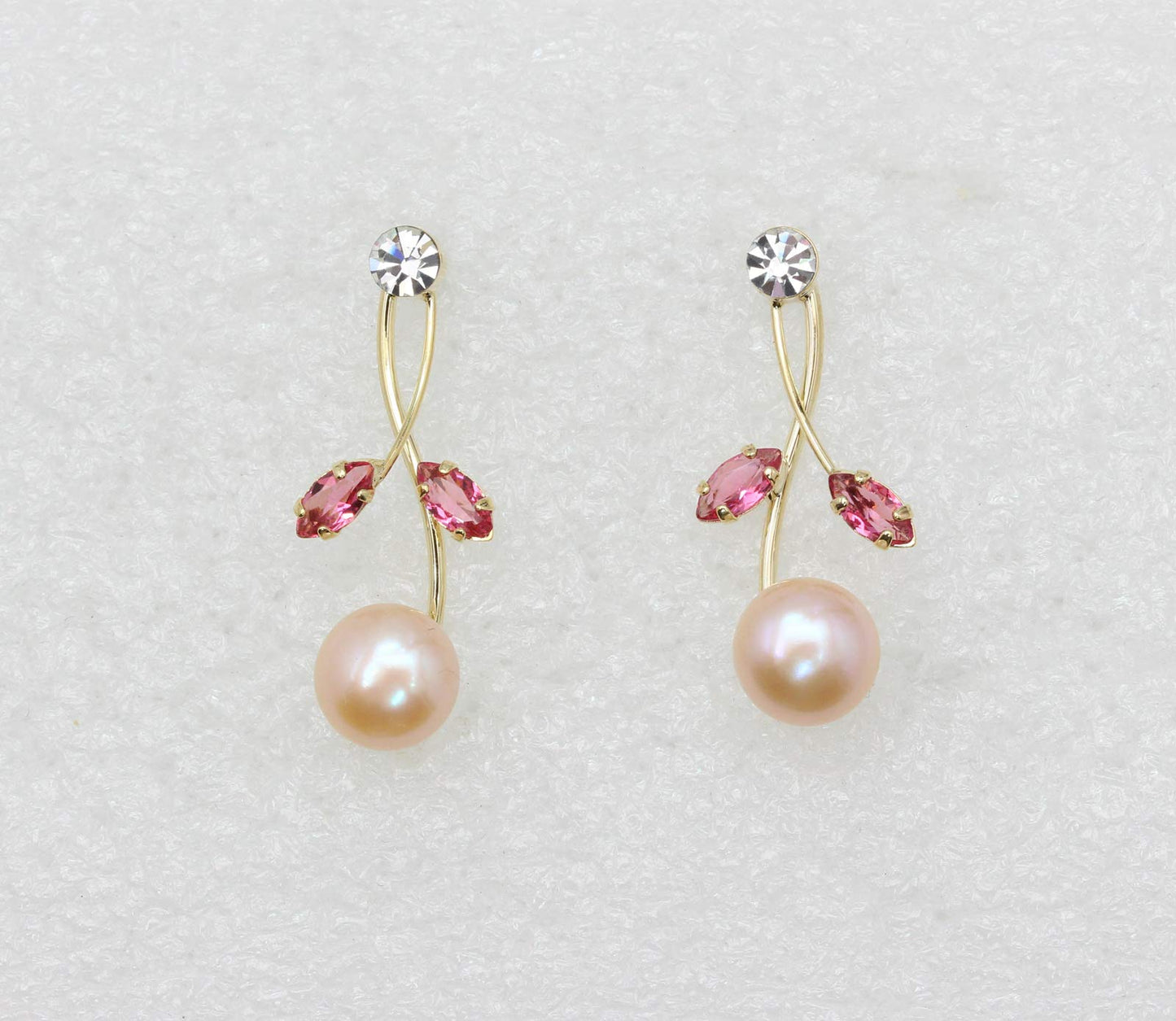 Faship Gorgeous Rose (Pink) CZ Crystal Genuine Freshwater Pearls Floral Necklace Earrings Set - Rose/Gold-Plated