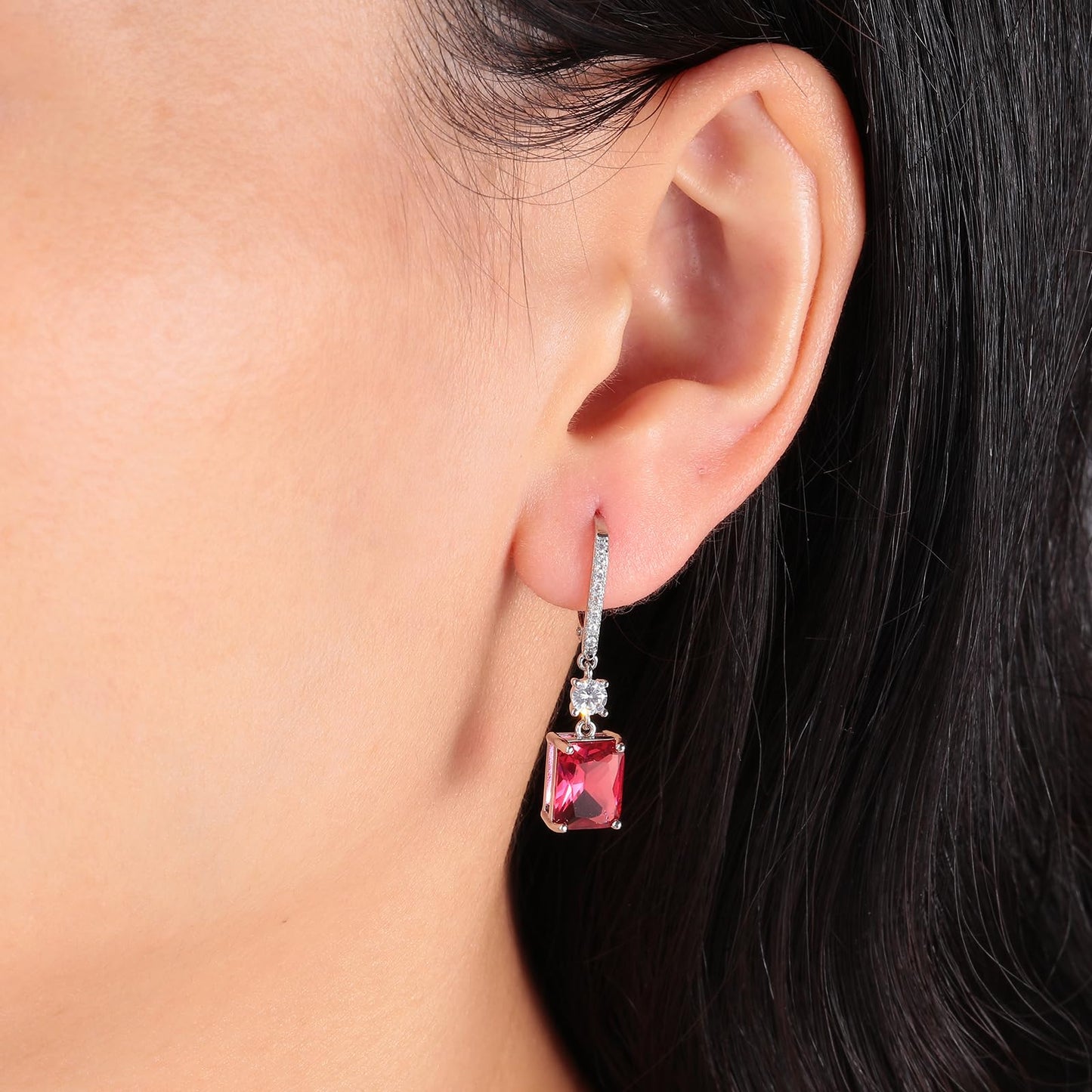 CiNily Leverback Earrings for Women Rectangular-cut Drop Dangle Earring Hypoallergenic, 14K White Gold Plated Rose Red Cubic Zircon Earrings Diamond Dangle Ear Rings Jewelry Birthday
