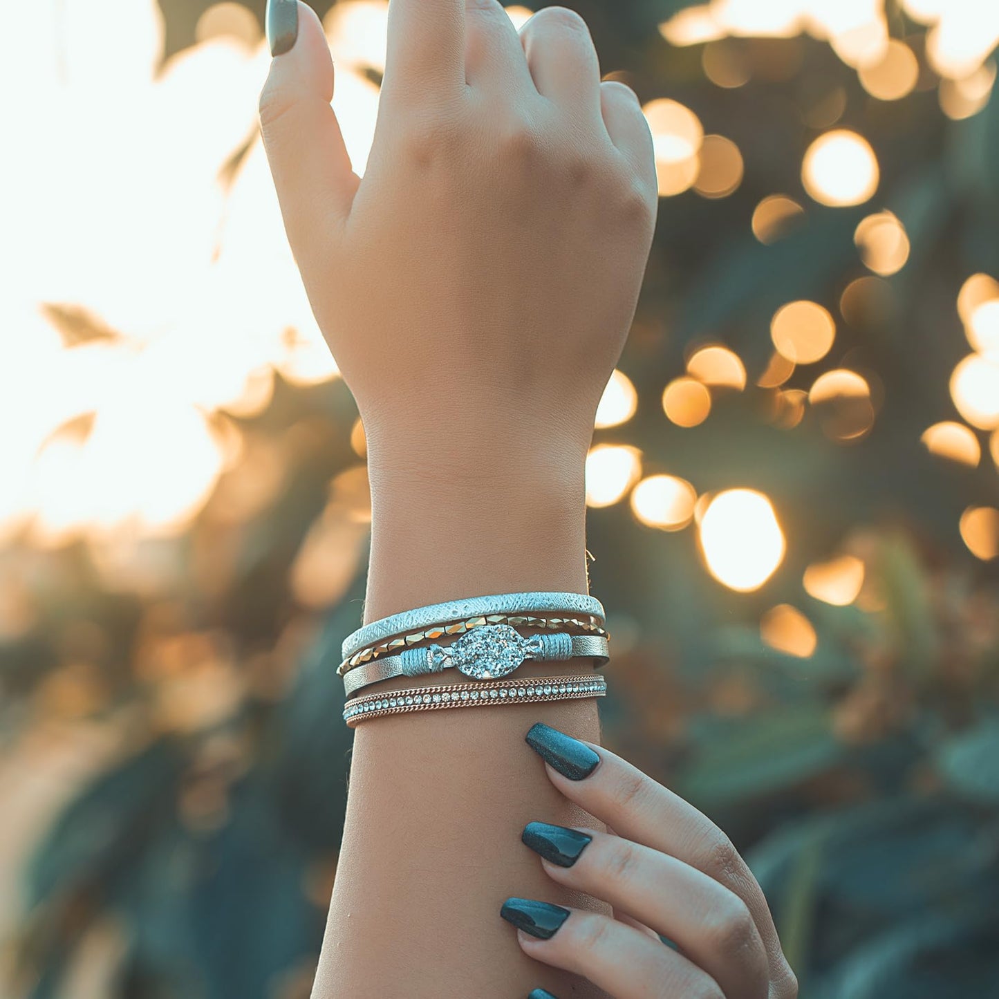 FANCY SHINY Boho Leather Wrap Bracelet Stackable Chunky Crystal Cuff Bracelets with Magnetic Clasp Cowboy Cowgirl Western Summer Beach Outfits Jewelry Gifts for Women (7.7", Silver/Gold)