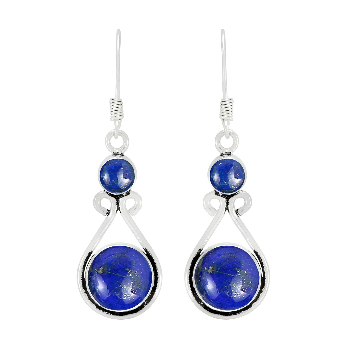 Natural Lapis Lazuli Silver Plated Dangle Earrings for Women - September Birthstone Round Gemstones Drop Earrings Handmade Jewelry - New Year Gift for Her