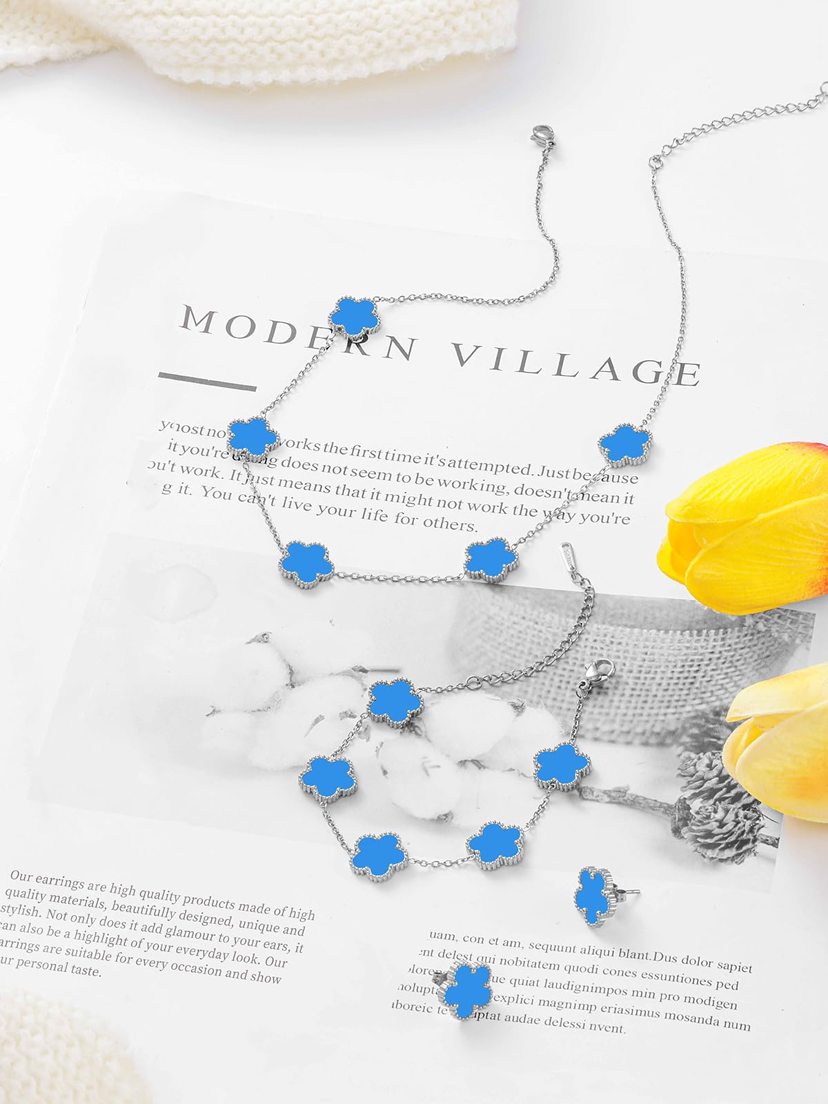 Qinpan Five Leaf Clover Necklace Bracelet and Stud Set for Women Lucky Flower Jewelry (Blue-Stainless Steel)
