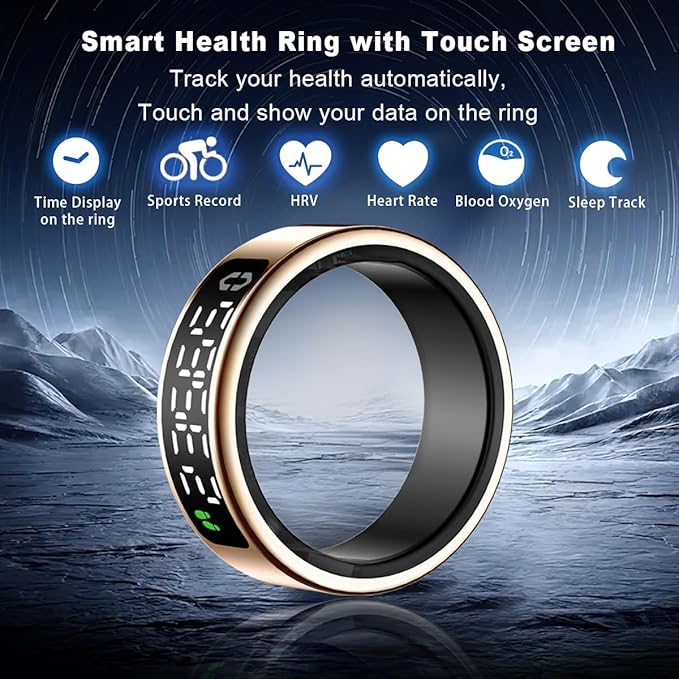 Smart Health Ring with Screen,for Women Men Fitness Tracker with Heart Rate, Blood Oxygen, HRV, Sleep Monitoring, Step Counting, IP68 for iPhone and Android, No Subscription Fee (Gold, 9#)