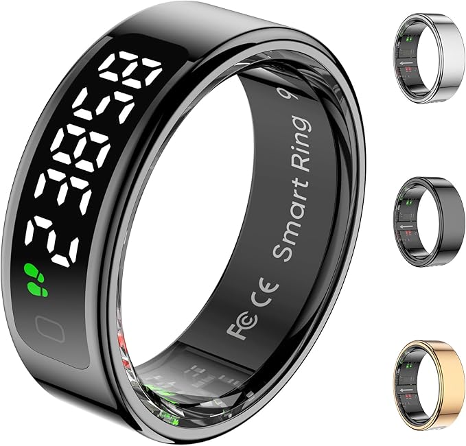 Smart Rings for Men with Display Screen, Fitness Ring with Wireless Charging, Sleep Tracker Ring with Heart Rate, Health Rings for Activity Monitoring/Steps/Calories, for iOS Android (Black,13#)