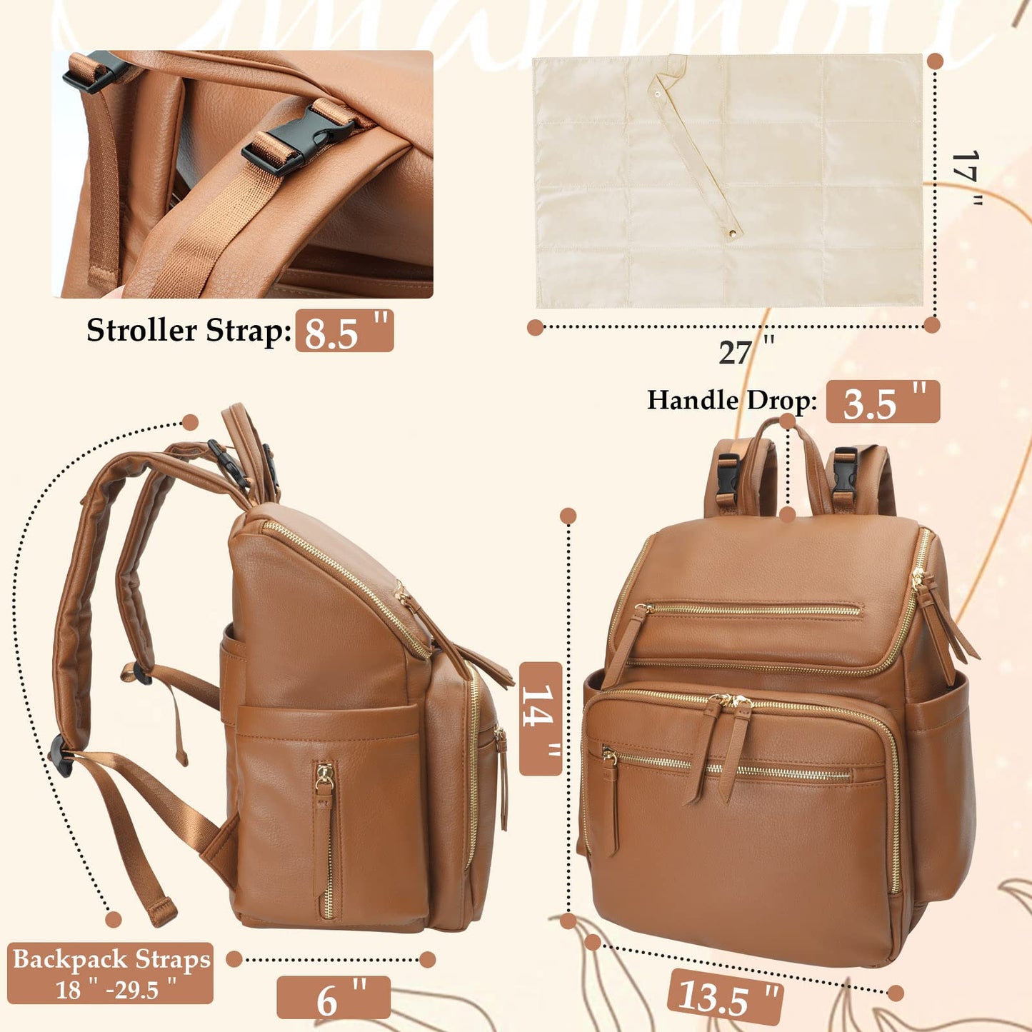 Omanmoli Diaper Bag Backpack Large Baby Diaper Bag Leather with 17 Diaper Bag Organizing Pouches,Changing Pad,Stroller Straps,4 Insulated Pockets,Brown