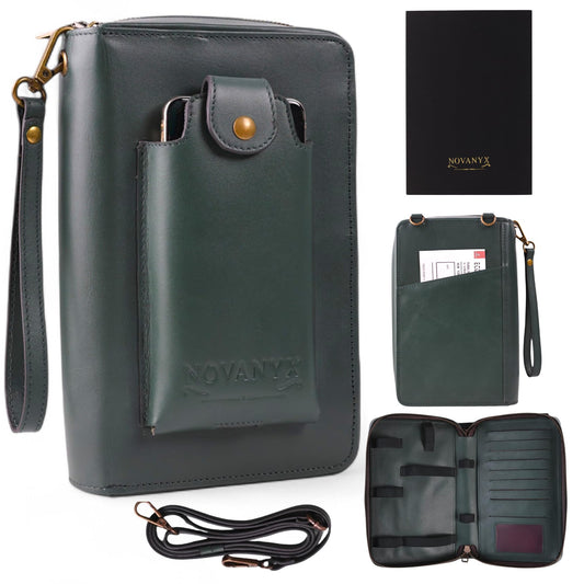 NOVANYX Passport Holder for Travel & Tech Bag Combo - First Ever Genuine Leather Passport Holder with AirTag Hidden, Rfid Passport Cover Travel Wallet for Airport Essentials, Travel Must Haves Gifts