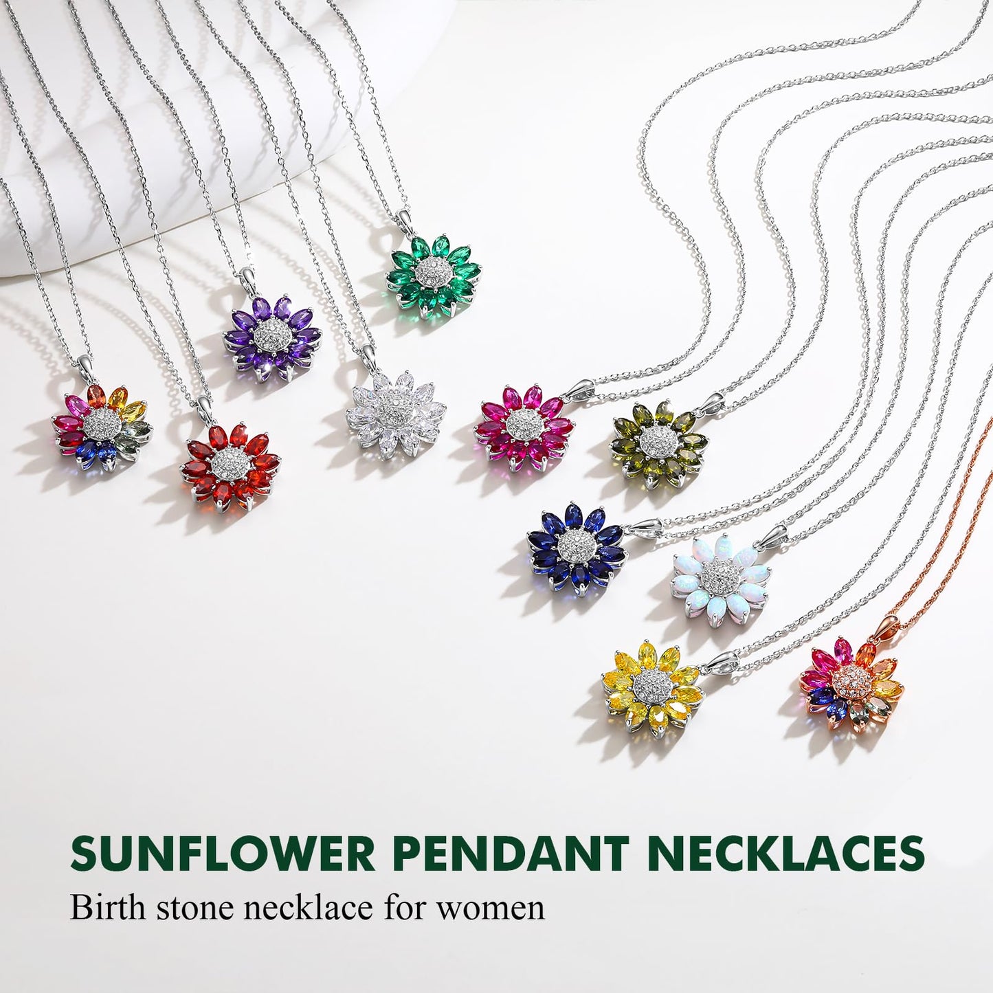 RANDES July Birthstone Necklace Ruby Sunflower Necklaces for Women 925 Sterling Silver Dainty Red Stone Pendant Necklace