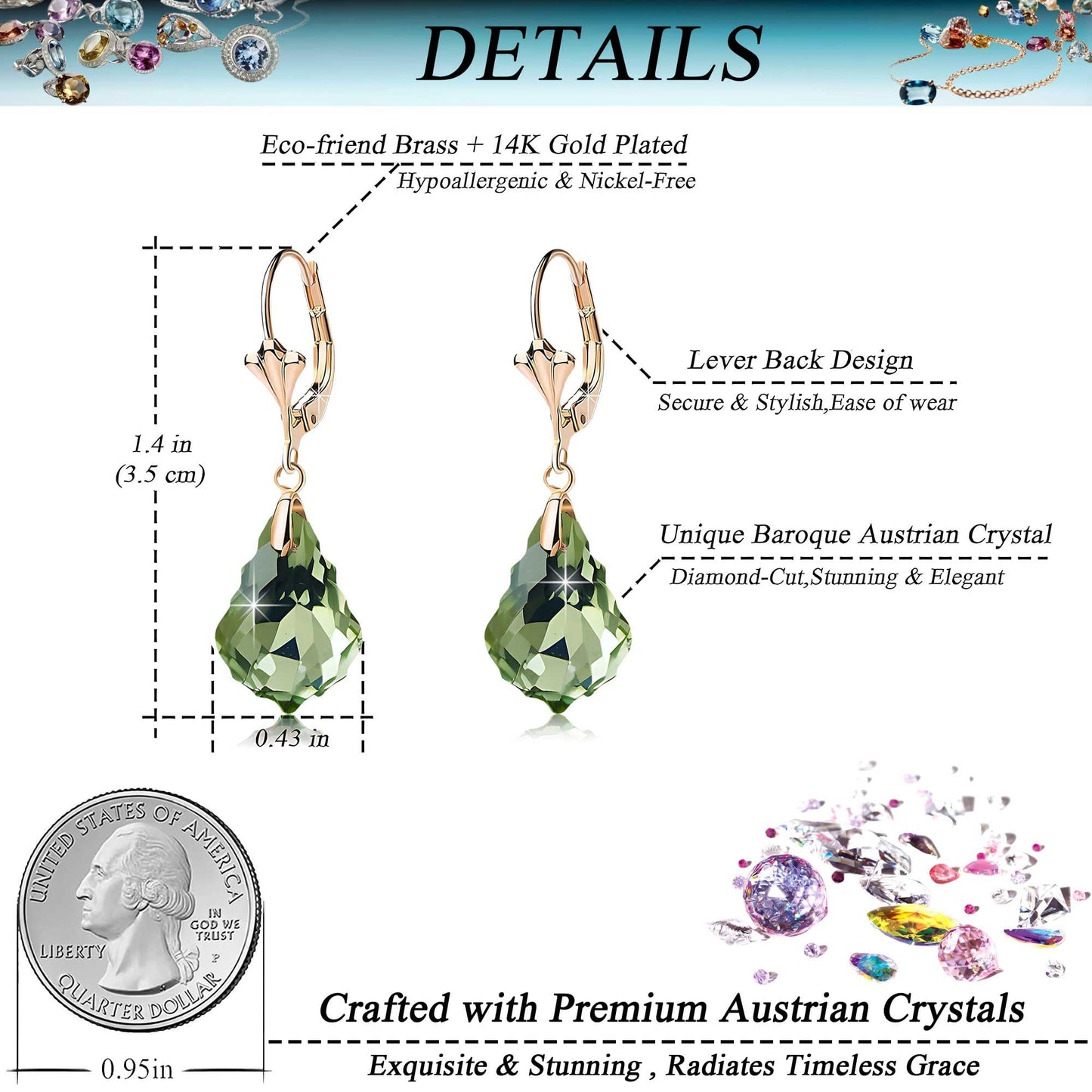 Austrian Crystal Baroque Drop Leverback Earrings for Women Fashion 14K Gold Plated Hypoallergenic Jewelry (Green)