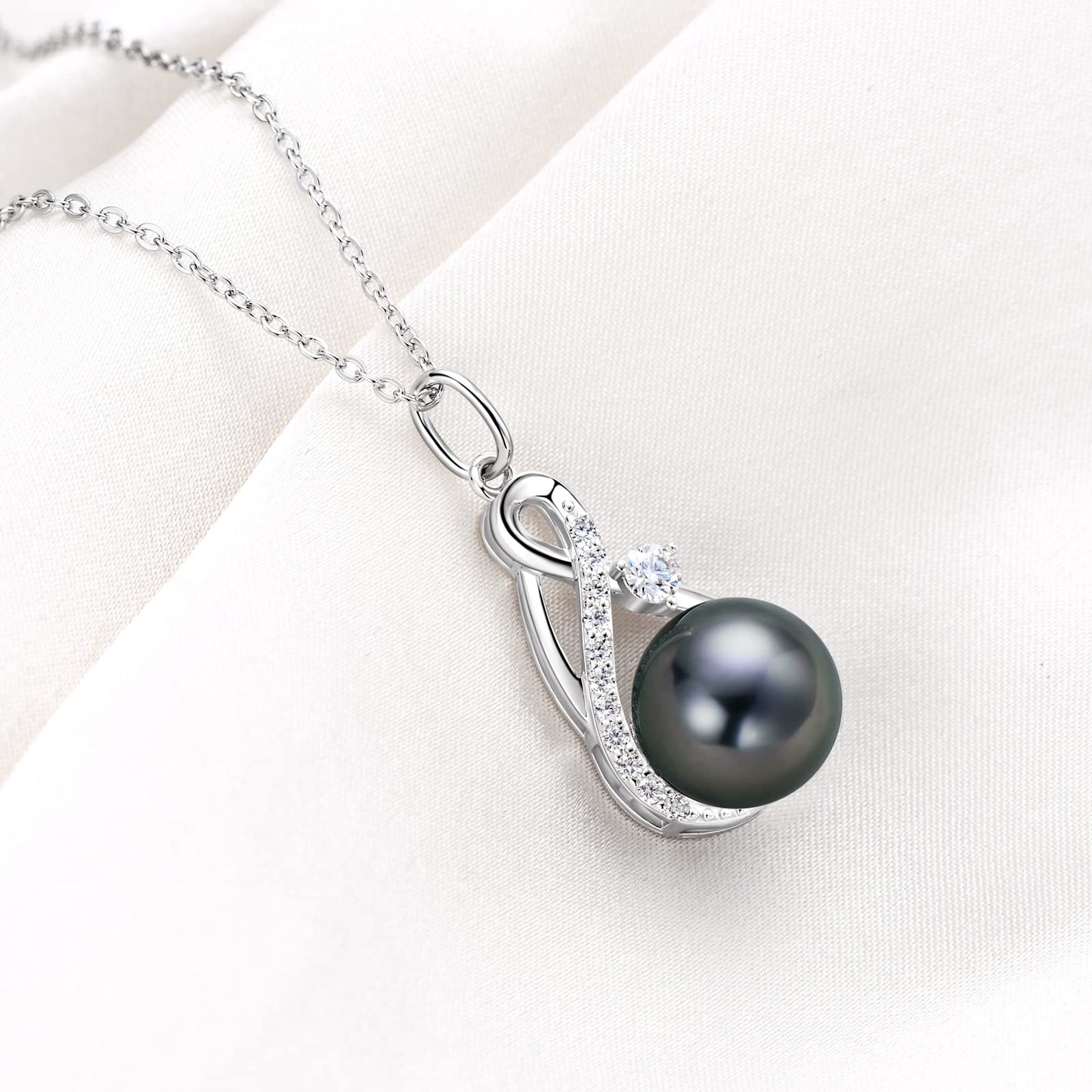 DENGGUANG Genuine Tahitian Black Pearl Necklace for Women, Sterling Silver Infinity Pearl Pendant Necklaces with Moissanite, Anniversary Birthday Mothers Day Jewelry Gifts for Mom Wife