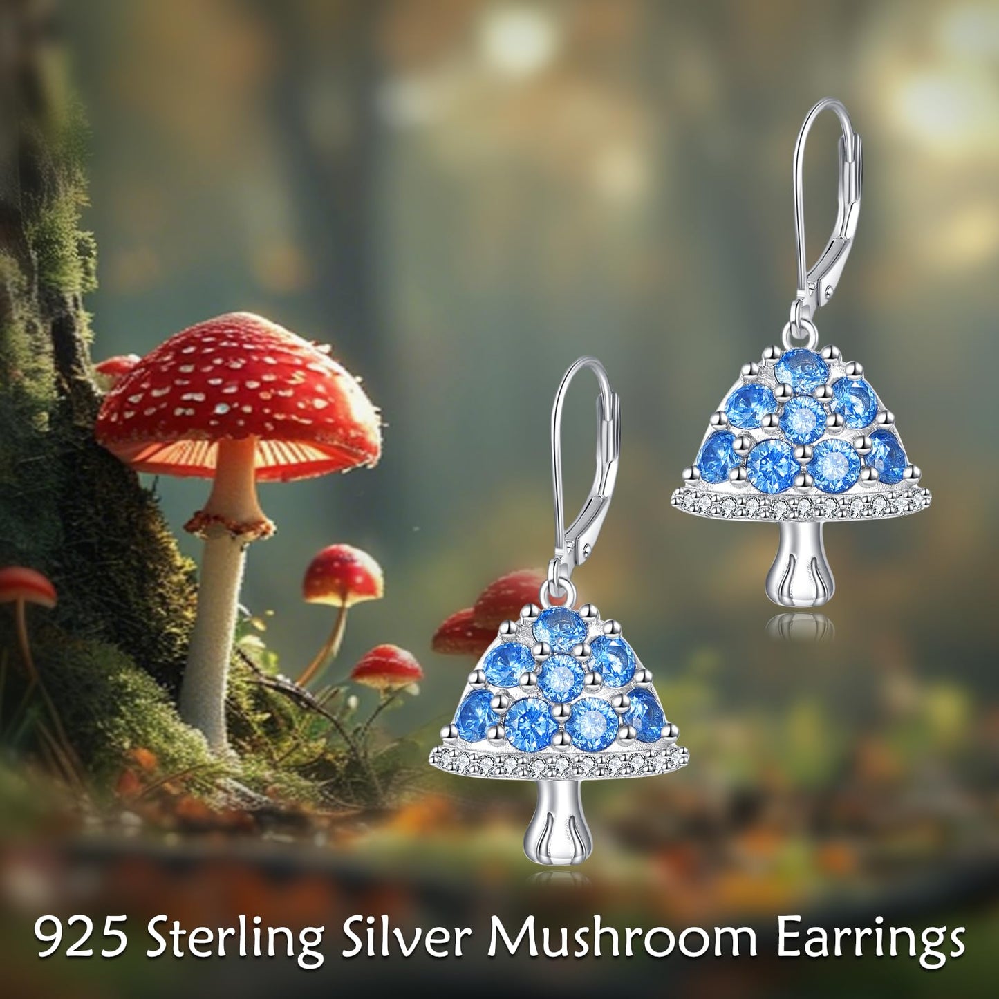 TIGER RIDER Blue Mushroom 925 Sterling Silver Leverback Earrings Mushroom Jewelry Gift for Women Birthday Christmas