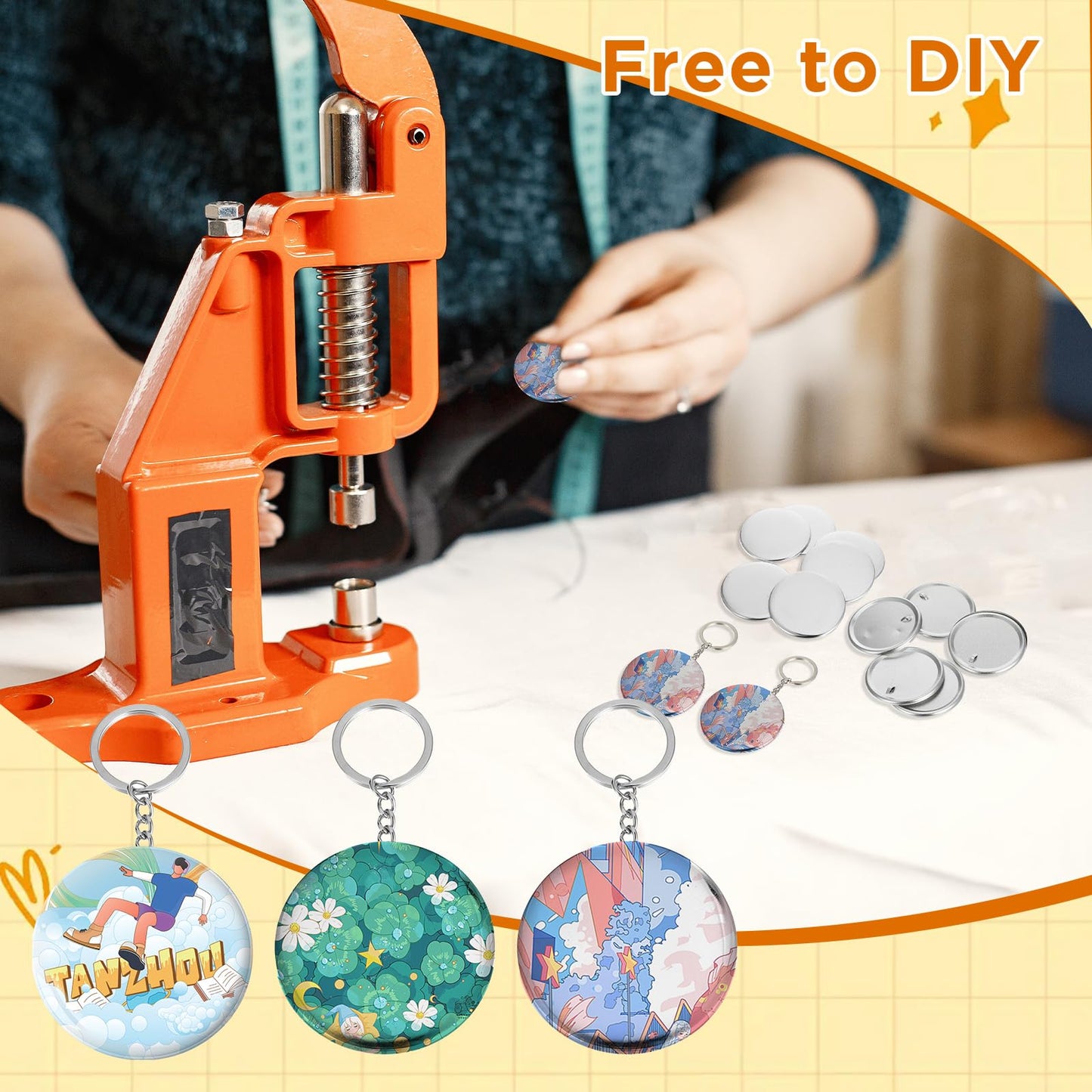 100 Sets Button Maker Keychains Supplies 58mm/2.25 inch Button Making Supplies for Metal Buttons Keychain Maker Machine with Shell Back Cover Film Chain Head