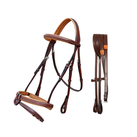 Exion Comfort Soft Lined Snaffle Hunter Jumping Bridle with Detachable Flash & Rubber Reins | Anatomical English Bridle for Horses (Oak Brown, Cob)