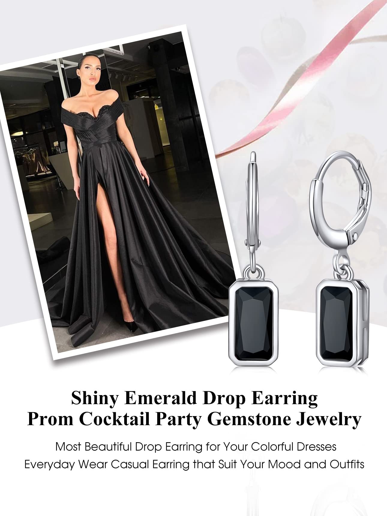 Bestyle Dainty Black Onxy Drop Earrings for Women - Rectangular Birthstone Dangle Earring with Hypoallergenic Silver Huggie Hoops - Trendy Black Baguette Dangle Hoop Earrings