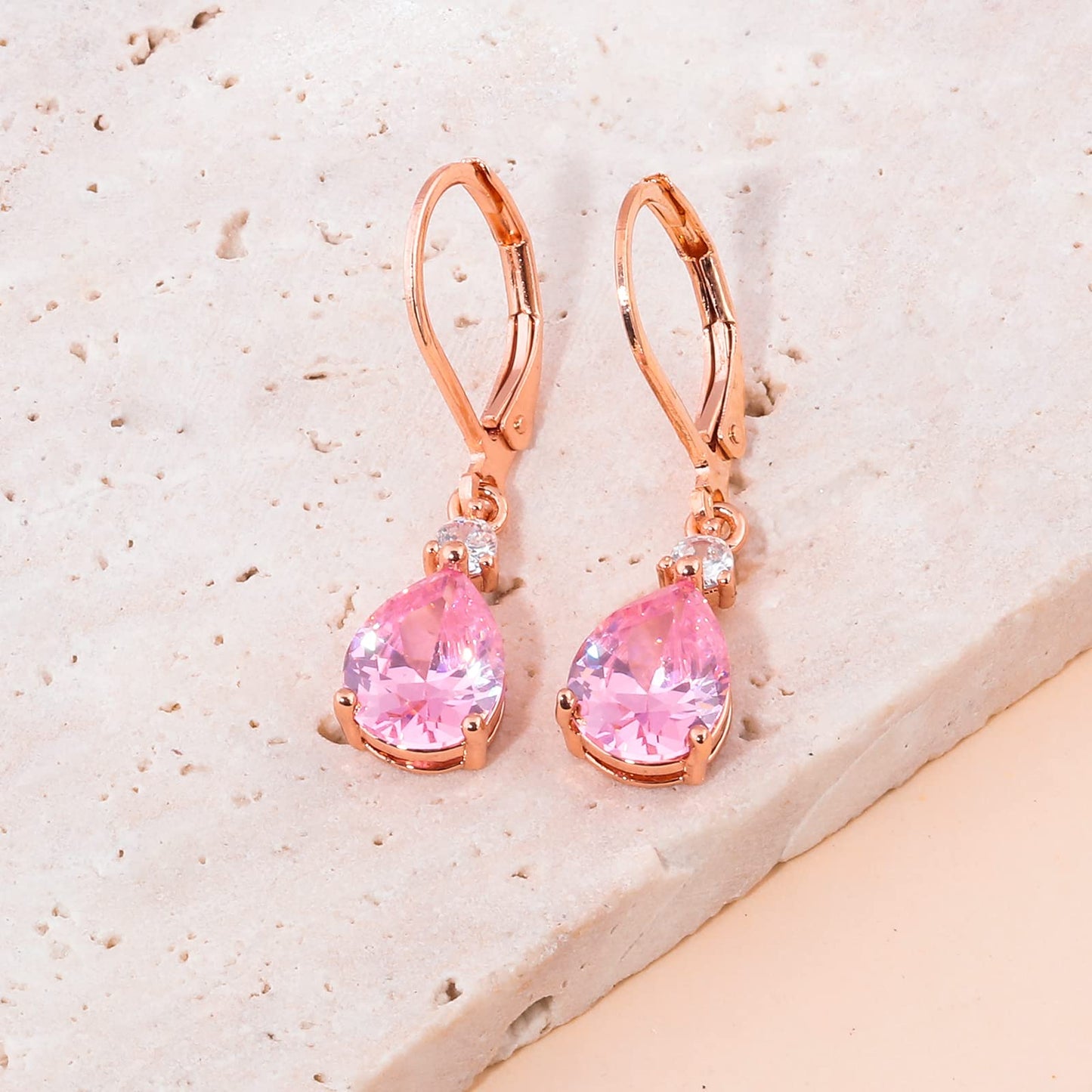 CiNily Leverback Dangle Earrings for Women 14K Rose Gold Plated Drop Earrings Pink Cubic Zircon Fashion Teardrop Hoop Earrings Hypoallergenic Jewelry