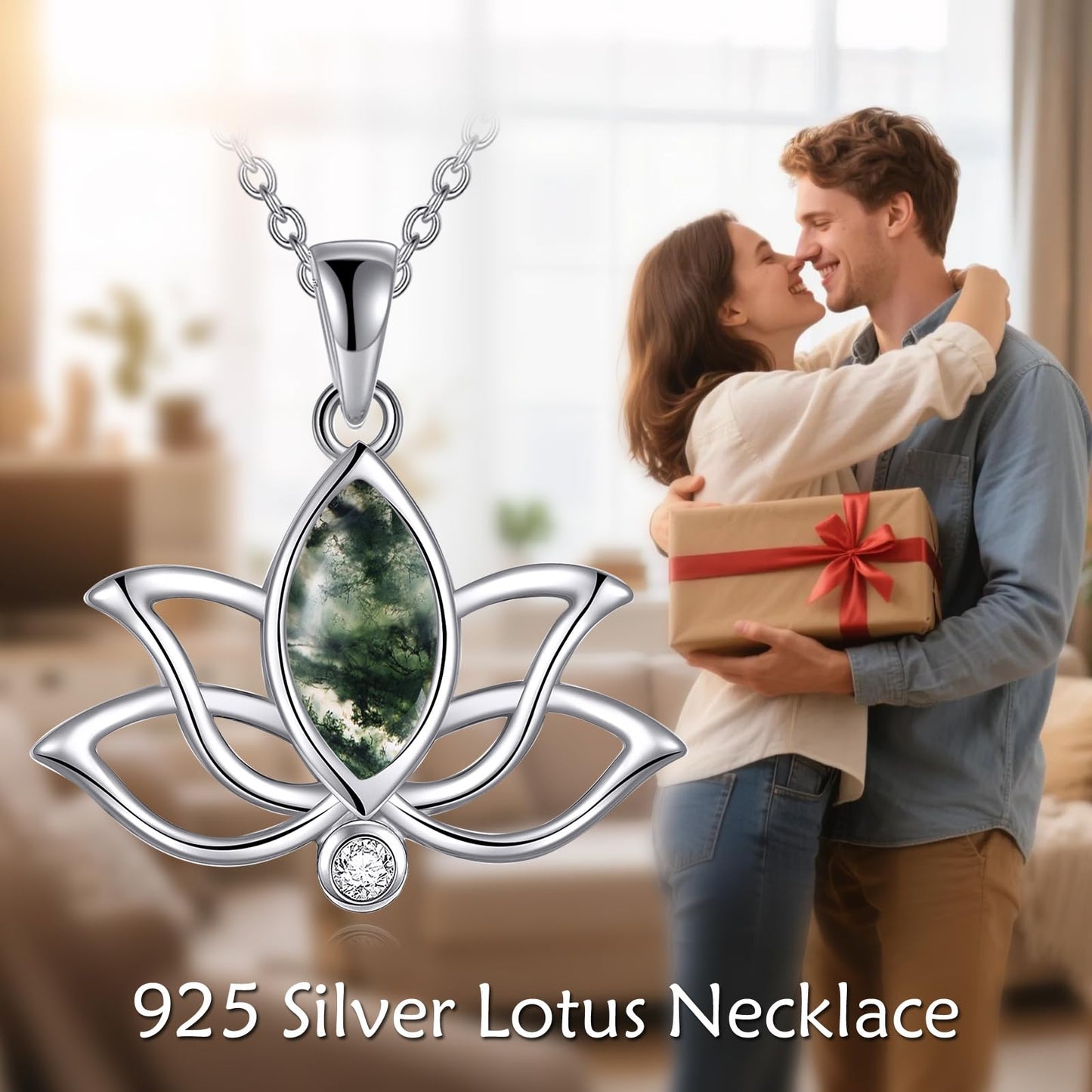 YFN Lotus Flower Necklace Sterling Silver Moss Agate Lotus Pendant Lotus Jewelry Gifts for Women