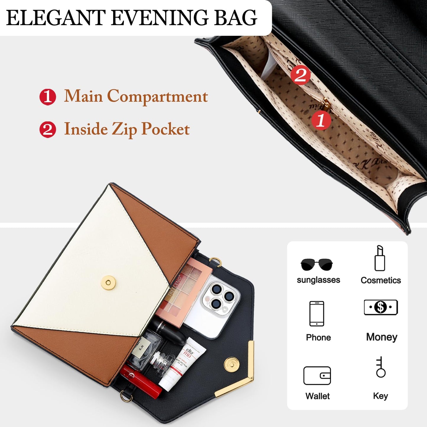 KKXIU Women Elegant Faux Leather Evening Envelope Clutch Purse Foldover Bags for Party Wedding Prom (A-Brown)
