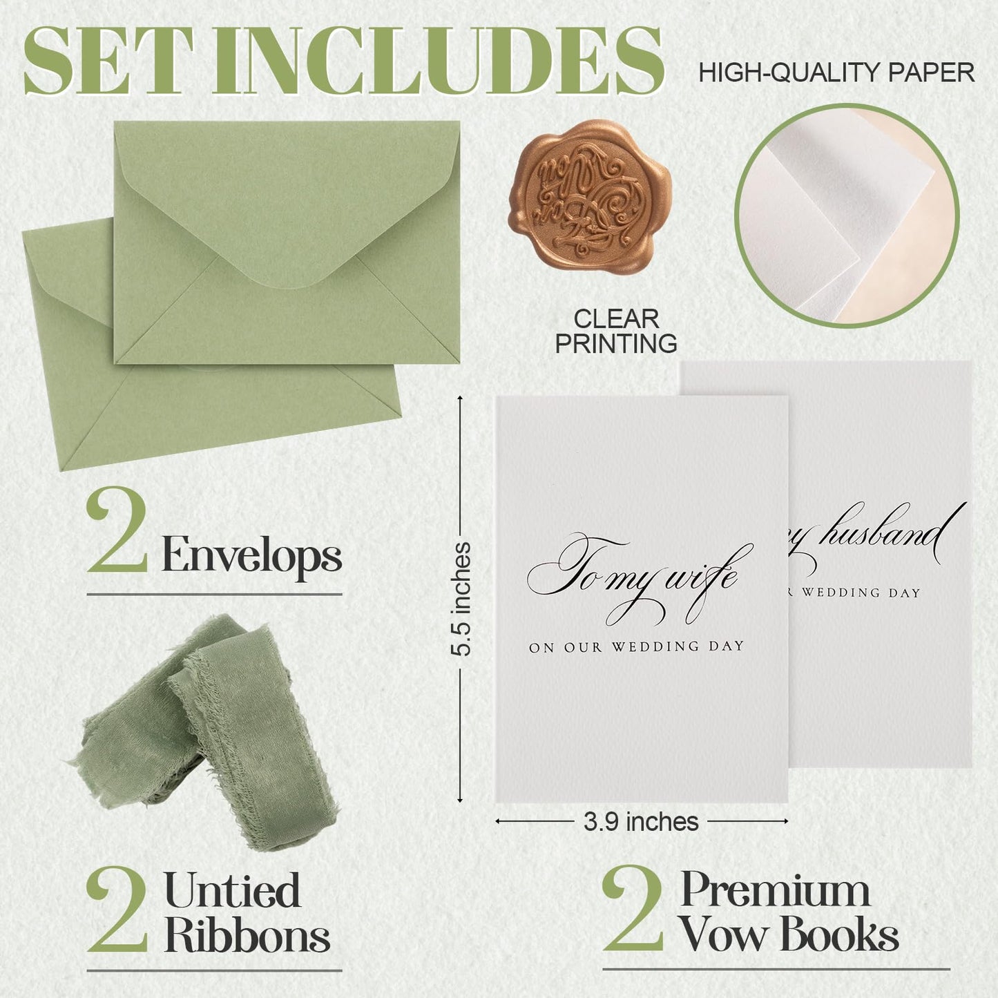 Engrowtic 2 Set Wedding Vow Books to My Husband Wife Vow Books with Silk Ribbon and Envelopes Wax Seals A6 Bride and Groom Guestbook for Bridal Shower Engaged Couple Wedding Essential(Sage Green)