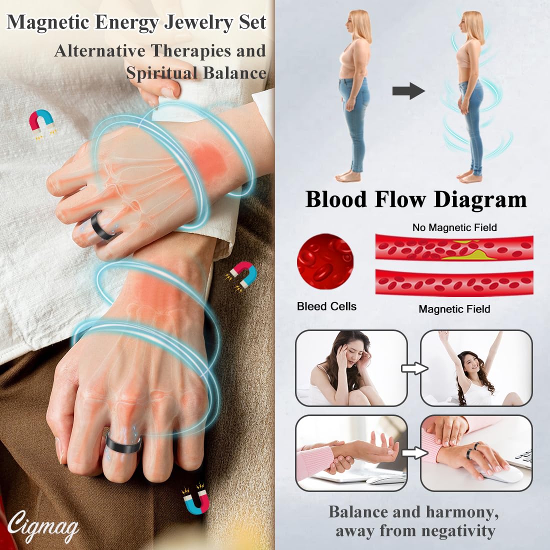 Cigmag 9X Copper Rings for Women Men, with Powerful Magnets, Adjustable Solid Pure Copper (Black Matte)