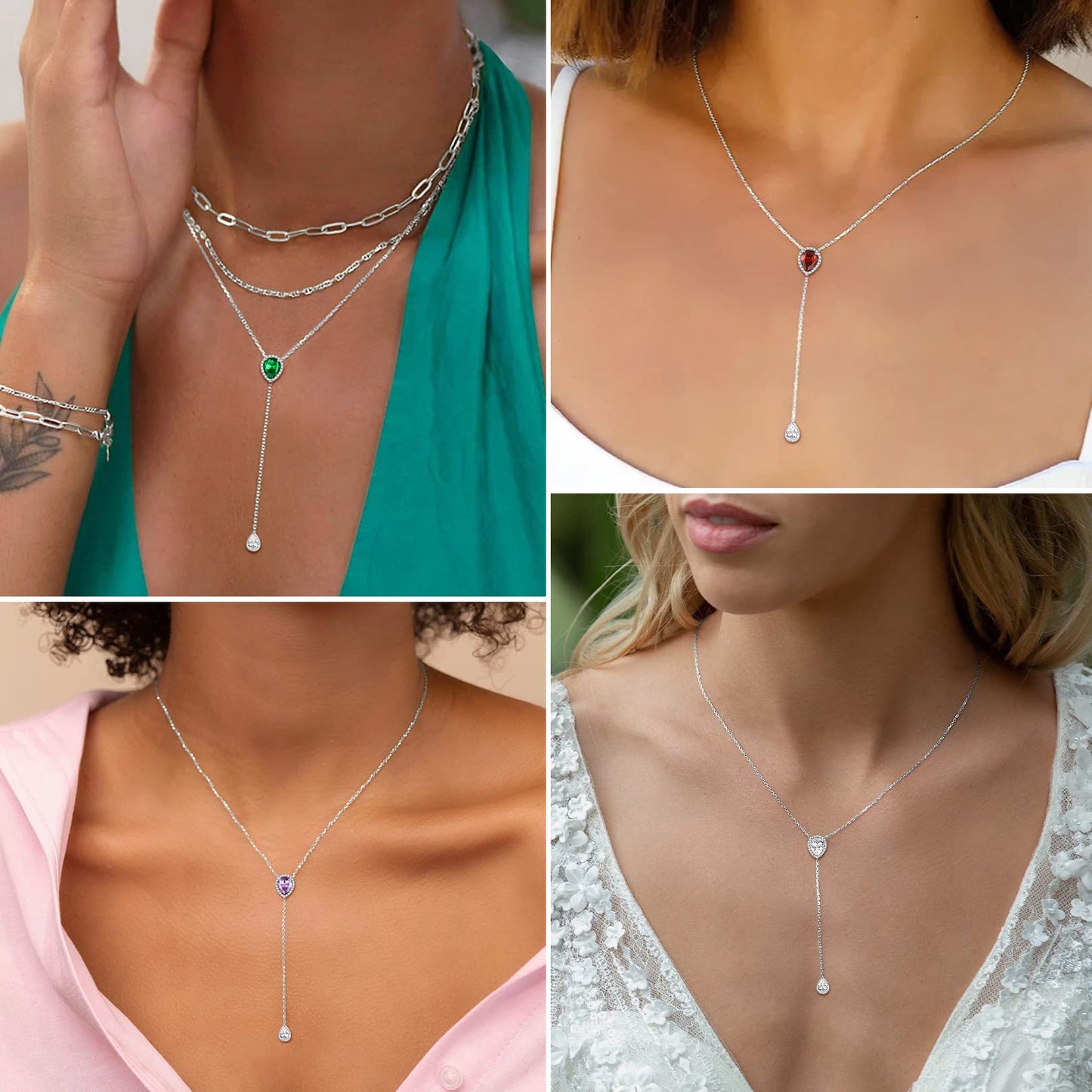 FOCALOOK May Birthstone Necklace for Women Mom 925 Sterling Silver Simulated Emerald Pear Lariat Pendant with Chain Birthday Jewelry