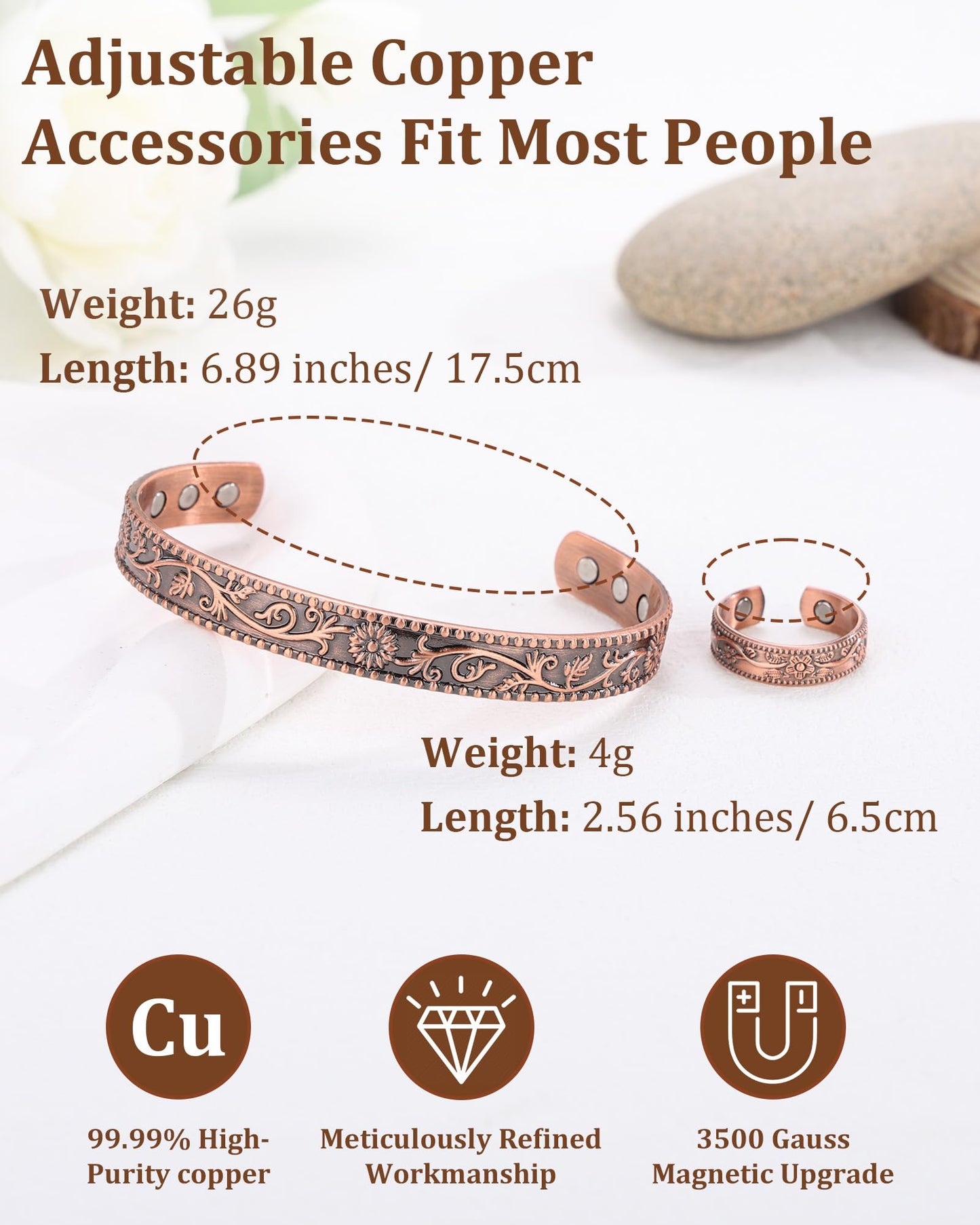 BioMag 99.99% Pure Copper Bracelet&Ring for Men and Women, Adjustable Magnetic Bracelet & Ring with Built-in Strong Magnets, Elegant Vintage Flower Design, Jewelry Christmas Gift
