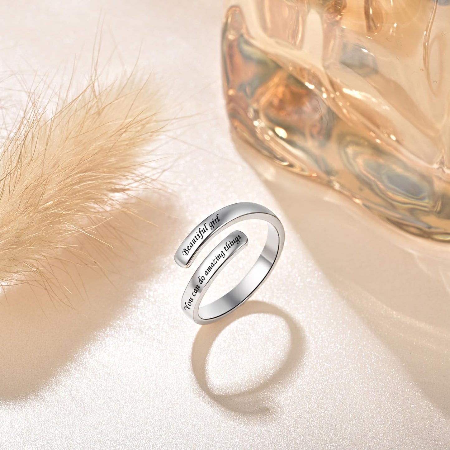 925 Sterling Silver Inspirational Jewelry Adjustable Wrap Open Ring Encouragement Gift for Women(Beautiful * you can do amazing things)
