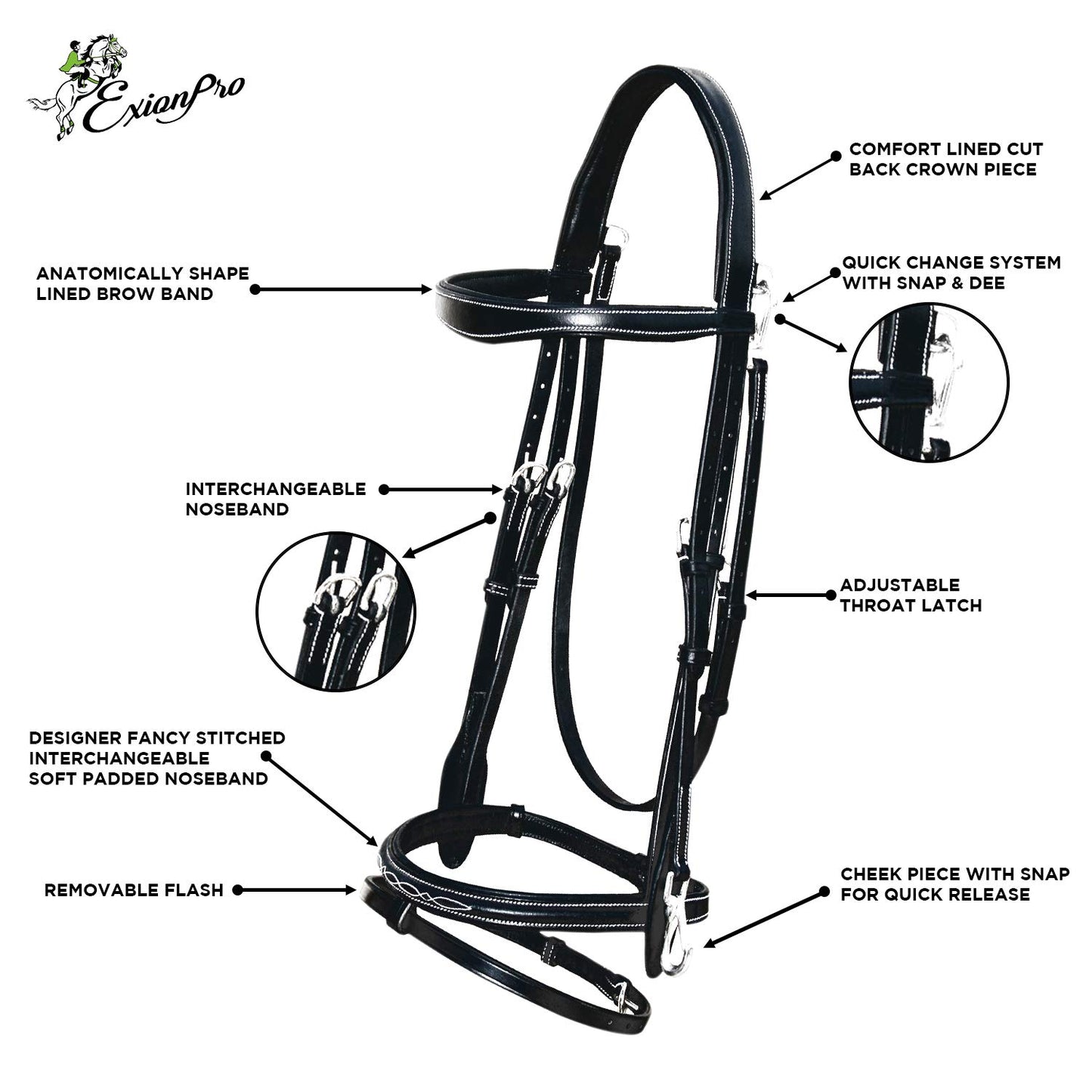 Exion Quick Change Snap English Bridle with Brass Hardware – Soft Lined Anatomical Horse Bridle with Rubber Reins – Snap-On Crown & Cheekpiece – Gold Tone Buckles – Padded Jumping Tack Set