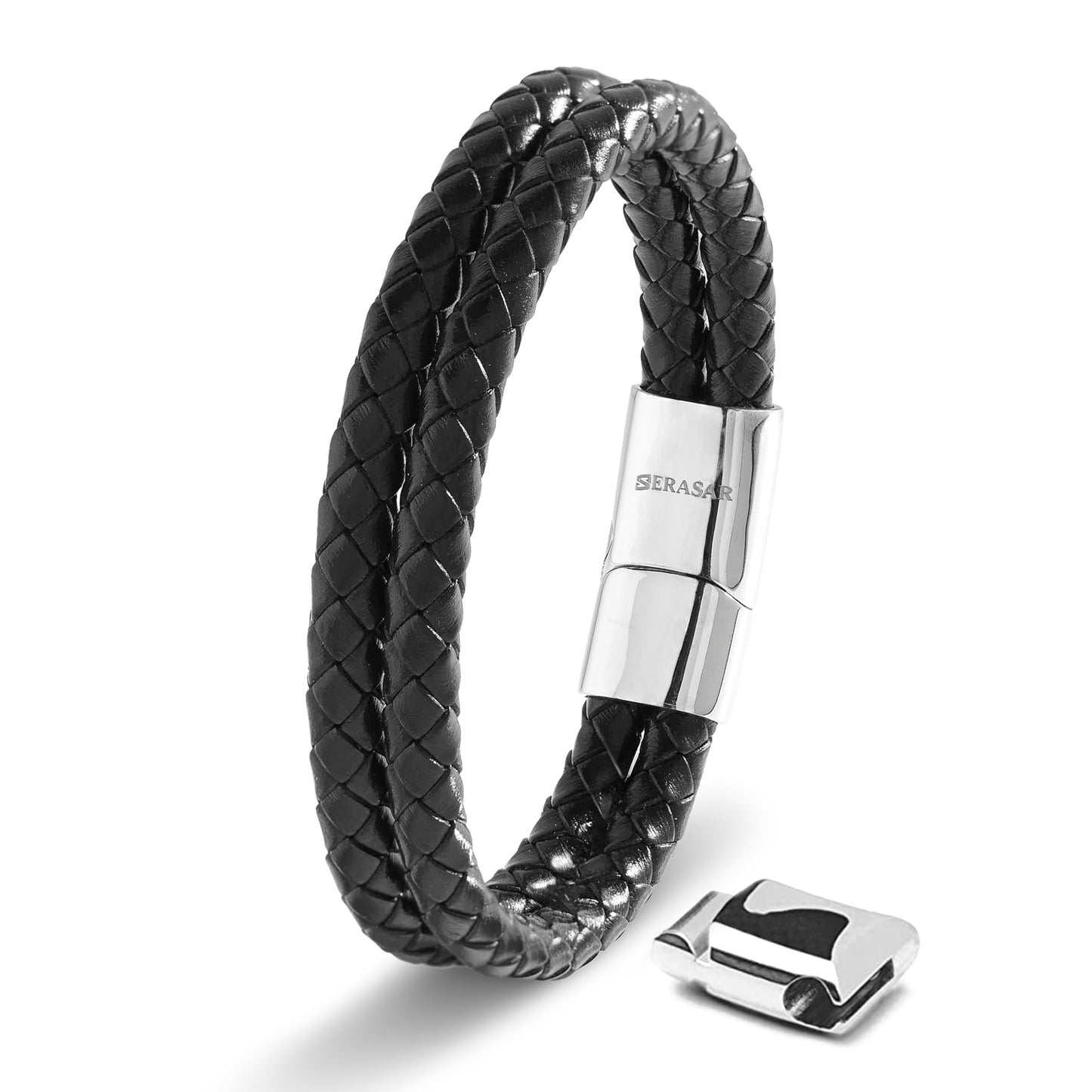 SERASAR 8″ Silver Leather Bracelets for Men Mens Armlet Cowhide Gift Box Braided Circlet Stainless Steel Jewelry Wrist Band Cuff Wrap Rope Bangle Dad Pulseras para Hombres Cuero Regalo