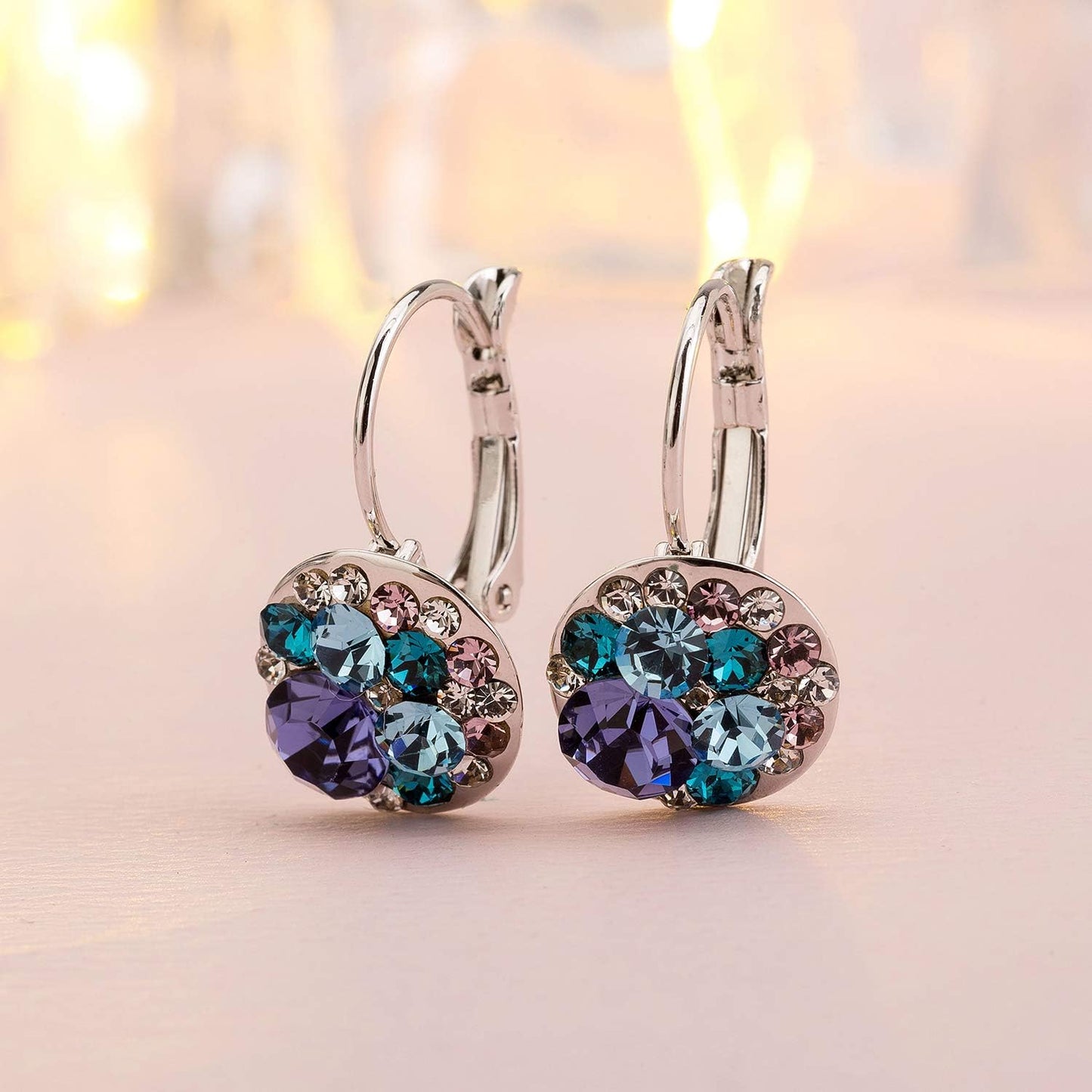 Multicolored Austrian Crystal Drop Earrings for Women 14K Gold Plated Hypoallergenic Leverback Dangle Earrings (Purple Main Crystal/Silver-tone)