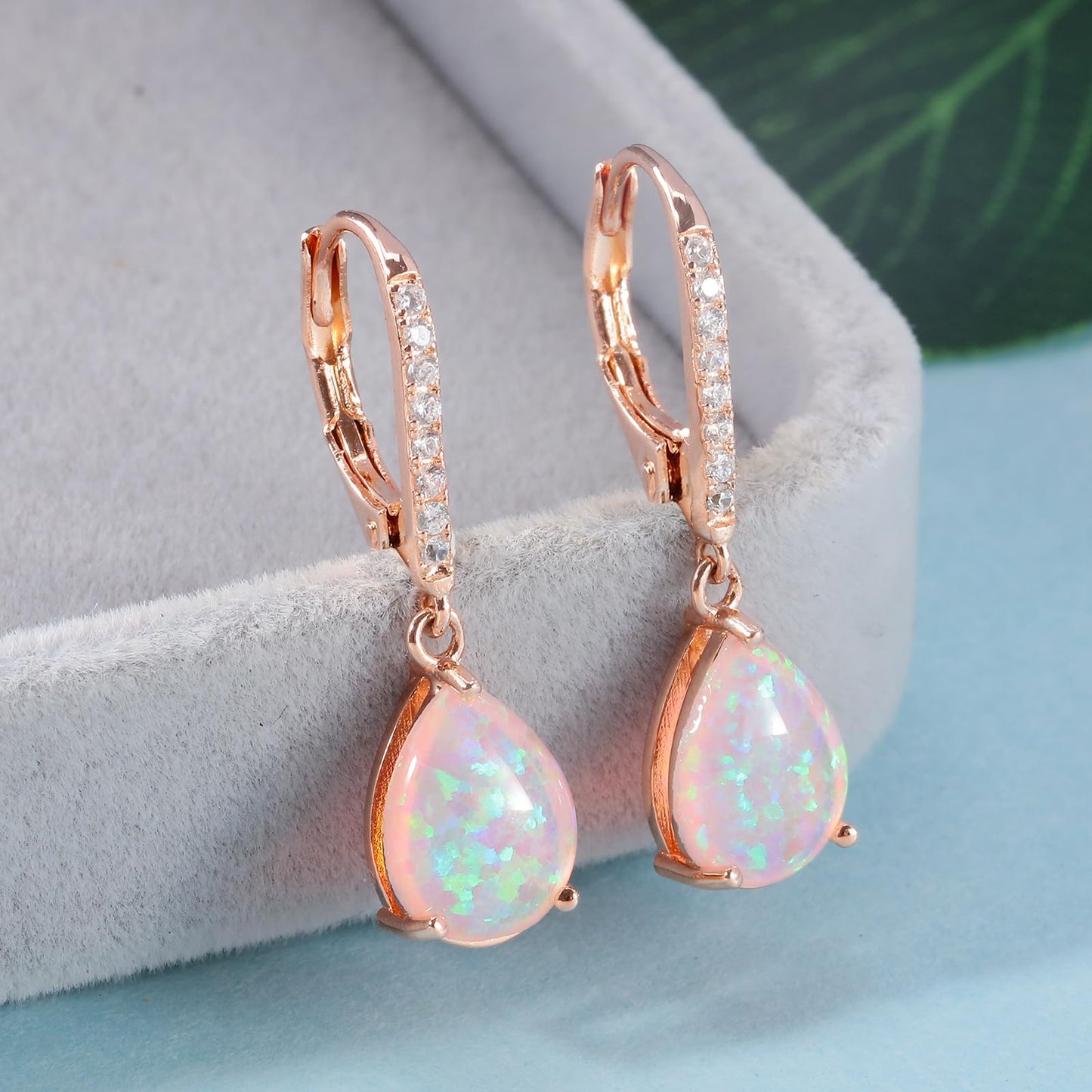 Leverback Pink Opal Dangle Earrings 14k Rose Gold Plated Drop Earrings for Women Teardrop Earrings Elegant Jewelry Gifts for Christmas Birthday Party