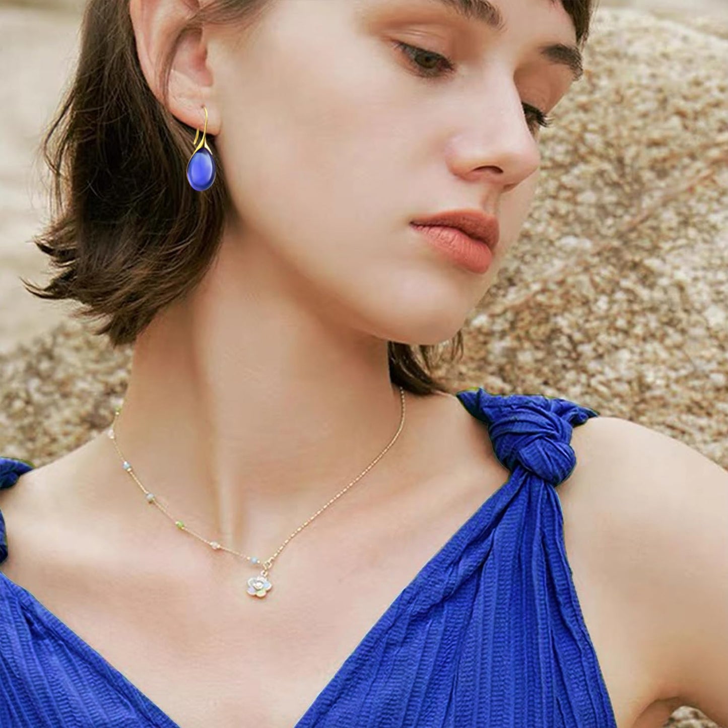 JIMARIN Lightweight Vintage Sparkly Crystal Rhinestone Teardrop Dangle Drop Earrings Bohemian14K Gold Geometry Hook Earring for Women (Gold Blue)