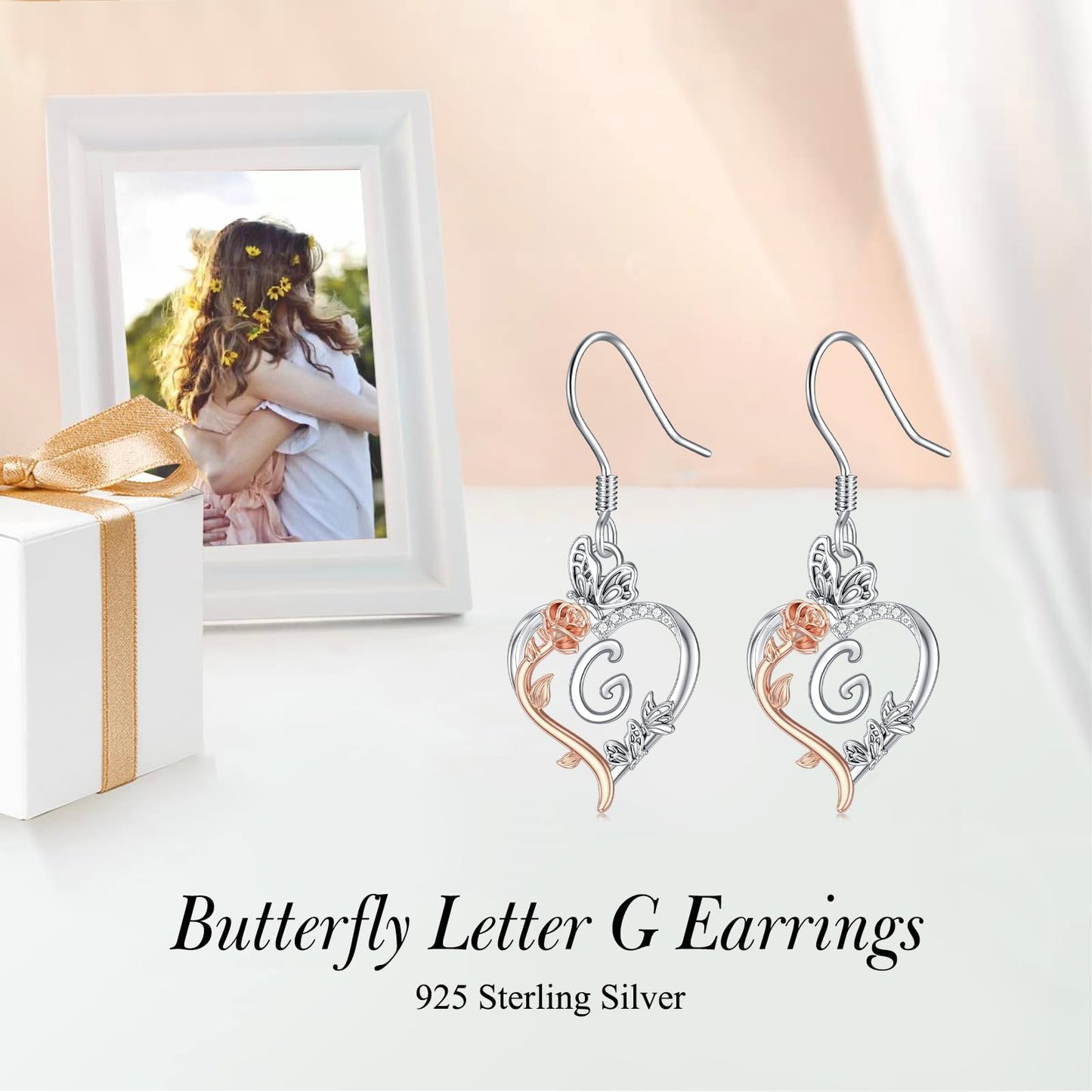 TOUPOP Rose Heart Initial Earrings Sterling Silver Butterfly Earring Initial G Letter Drop Dangle Earrings Jewelry Anniversary Birthday Mothers Day Gifts for Women Mom Wife Girlfriend Her