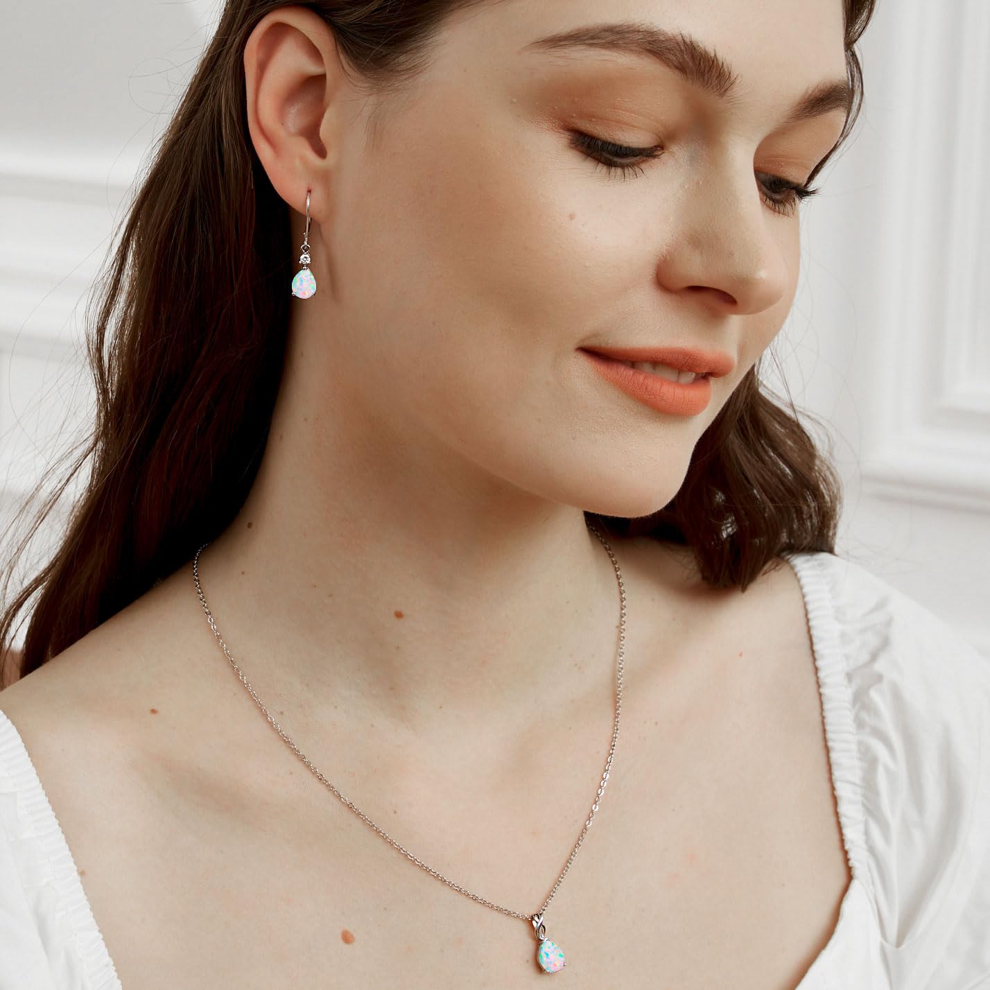925 Sterling Silver Created White Fire Opal Birthstone Teardrop Earrings Drop Dangly Earring Leverback Hypoallergenic Jewelry for Women