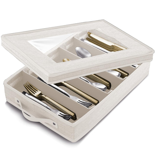 Flatware & Utensil Storage, Durable Silverware Storage Box with Padded Dividers, 5 Compartment Flatware Storage Case, Silverware Case with Handles, Protects and Organizes Cutlery, Cream