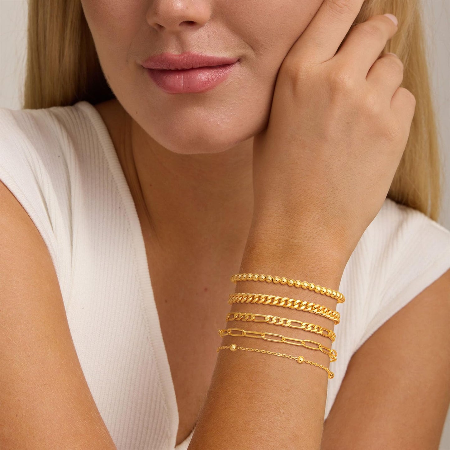 Gold Bracelets for Women, Dainty 14K Gold Plated Bracelet Stack for Women Trendy CZ Tennis Paperclip Cuban Chain Stackable Adjustable Waterproof Link Bracelet Jewelry Set Fashion Accessories Gifts