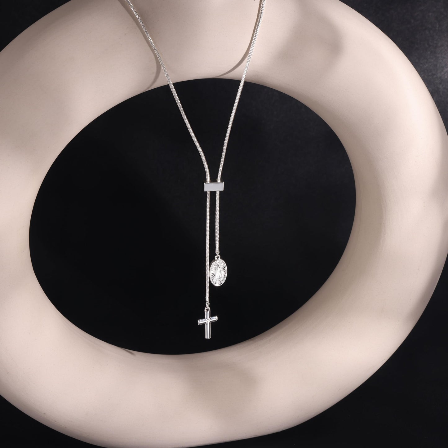 CHESKY Sliver Plated Long Necklace for Women Y Shaped Necklace Rosary Cross Drop Pendant Necklace Dainty Necklace Trendy Christian Jewelry