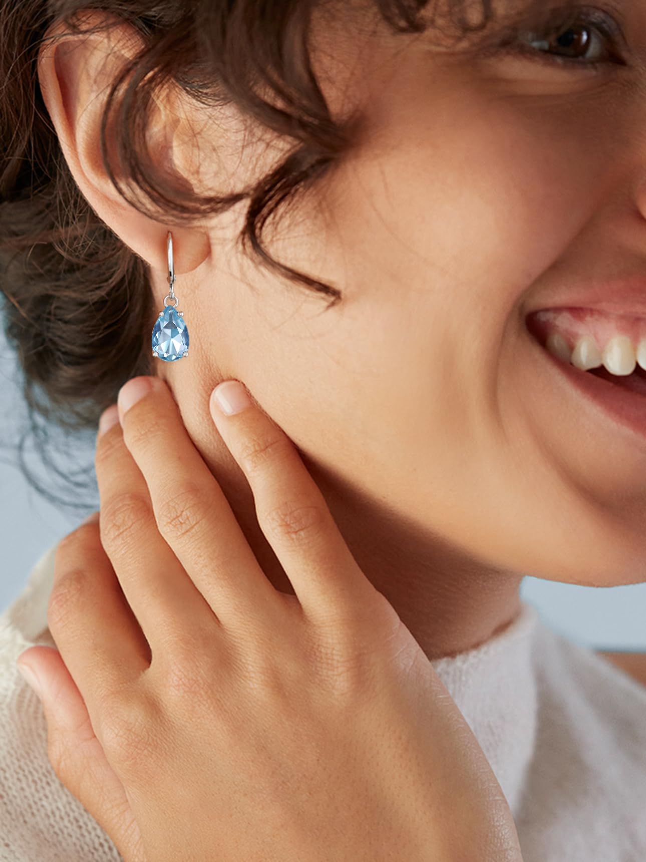 Bestyle Silver March Birthstone Dangle Earrings - Created Teardrop Aquamarine Crystal Drop Blue Earrings - Trendy Cute Women's Small Hoop CZ Dangle Earrings for Party Gowns