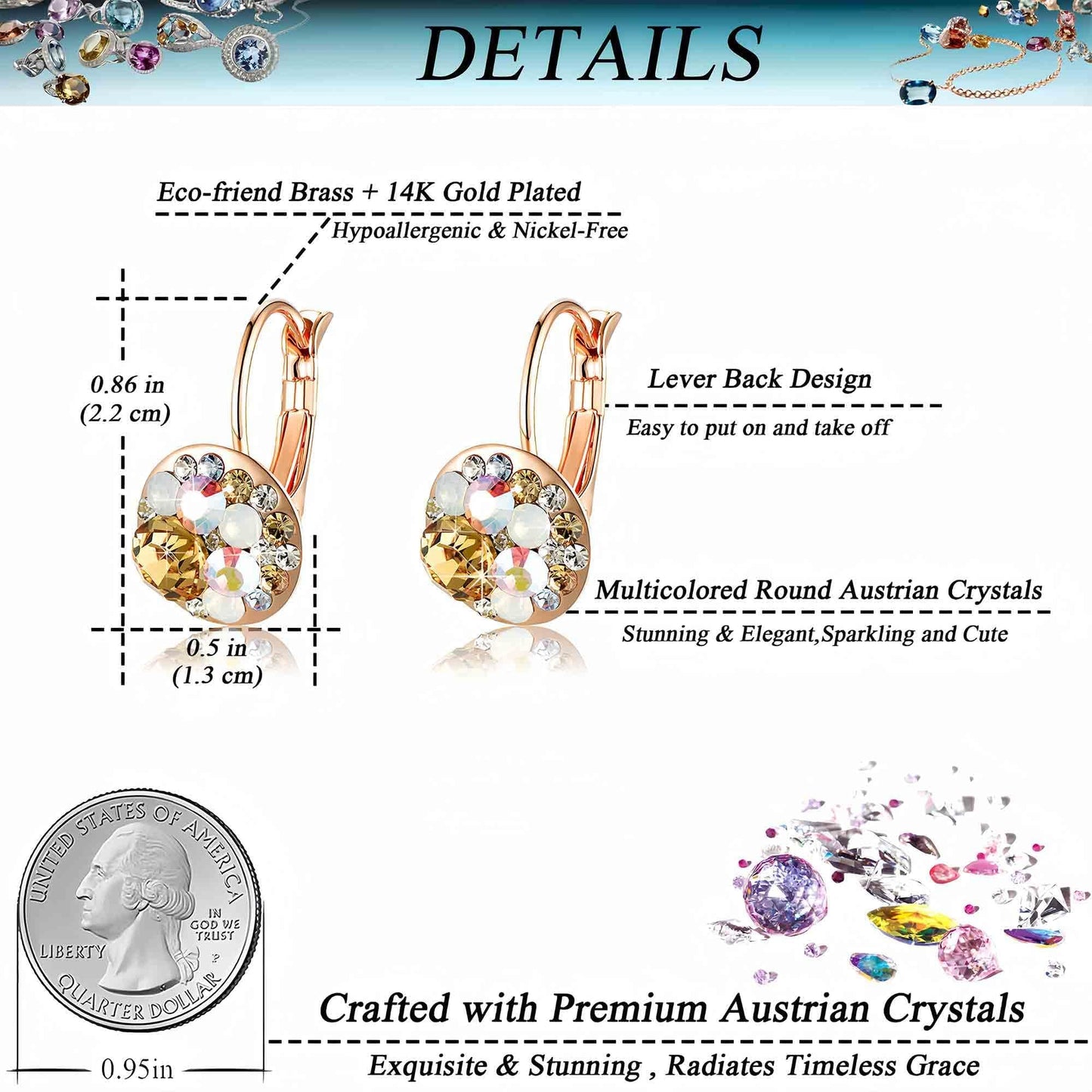 Multicolored Austrian Crystal Drop Earrings for Women 14K Gold Plated Hypoallergenic Leverback Dangle Earrings (Yellow Main Crystal/Rose Gold-tone)