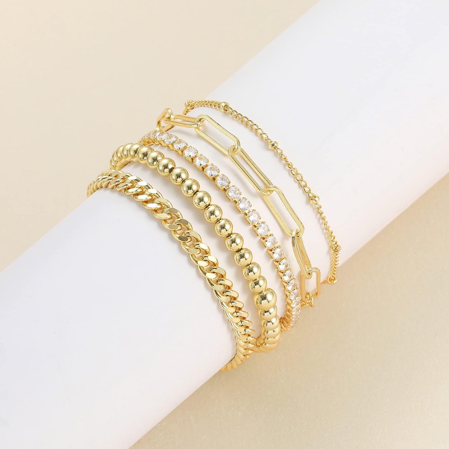 DEARMAY 14K Gold Plated Bracelets for Women Jewelry Sets for Women Cute Tennis Beaded Bracelets Cuban Link Paperclip Chain Dainty Bracelet Pack Gifts