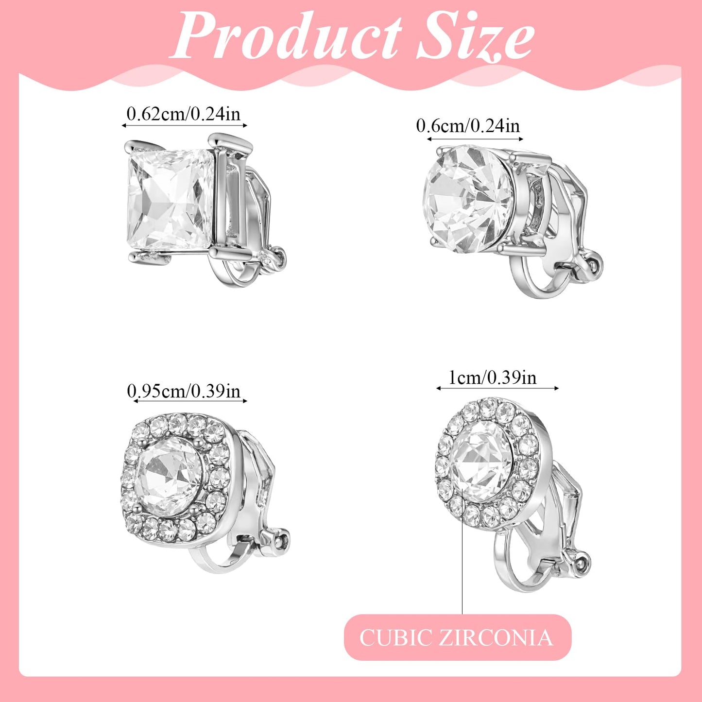 4 Pairs Cubic Zirconia Clip on Earrings, Cubic Zirconia Stud Earrings for Women Mens Stainless Steel Stud Earring in Square, Round & Teardrop Shapes CZ Stud Earring Set for Women