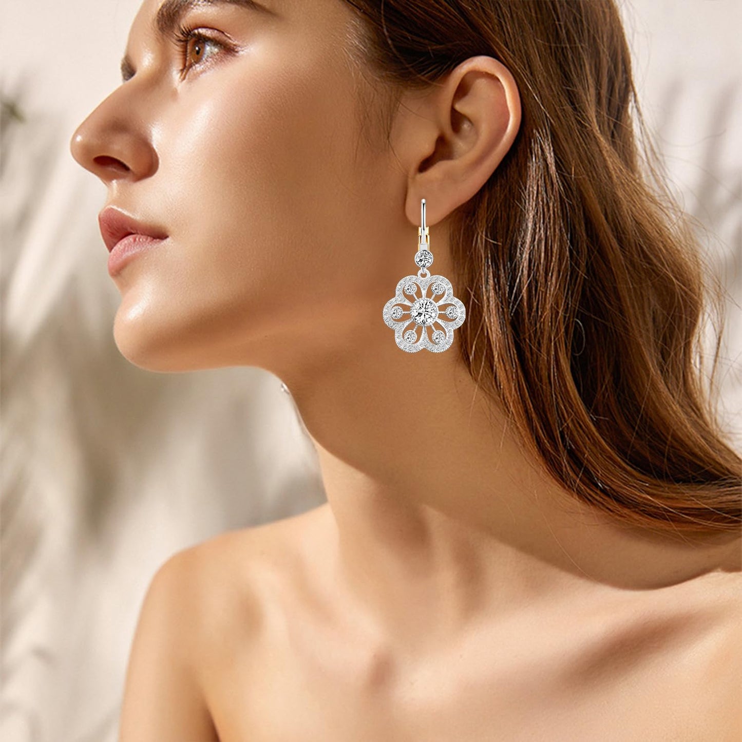 JNONL Vintage Silver Sparkly Crystal Camellia Flower Leverback Earrings Rhinestone Snowflake Round Dangle Drop Earrings for Women (Silver 5)