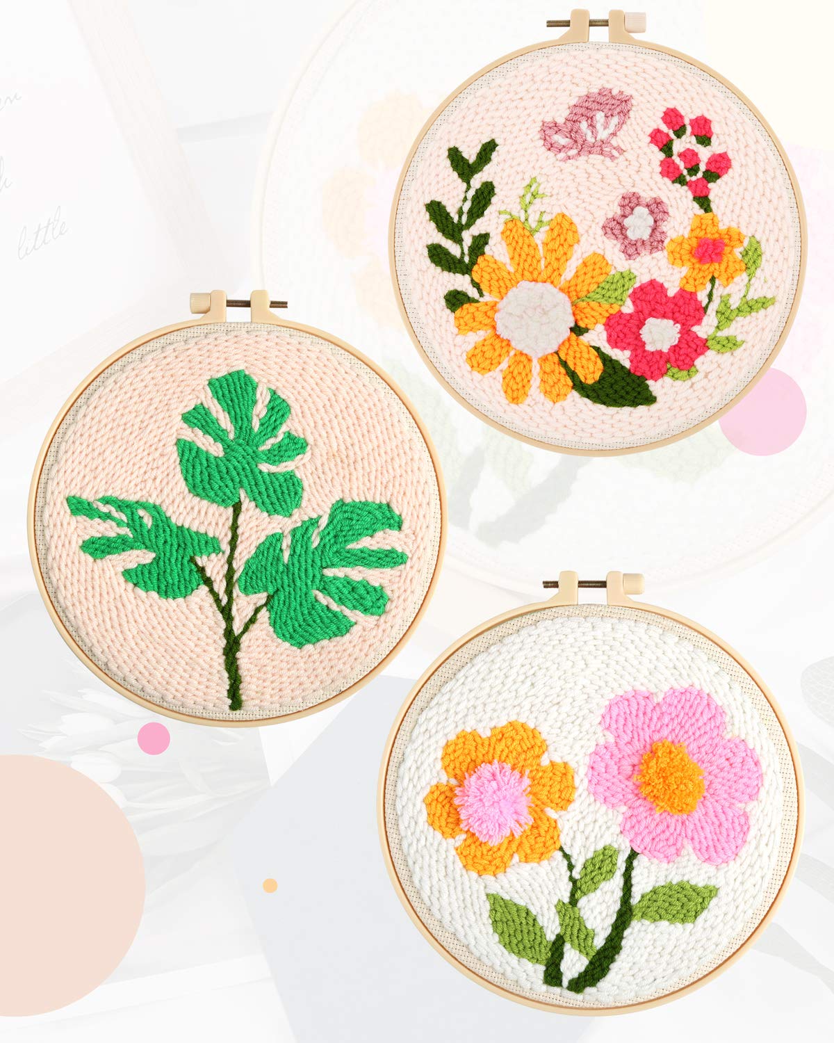 Pllieay 3 Set Punch Needle Embroidery Starter Kits Include Instruction, Punch Needle Fabric with Pattern, Yarns, Embroidery Hoops for Rug-Punch & Pinch Needle