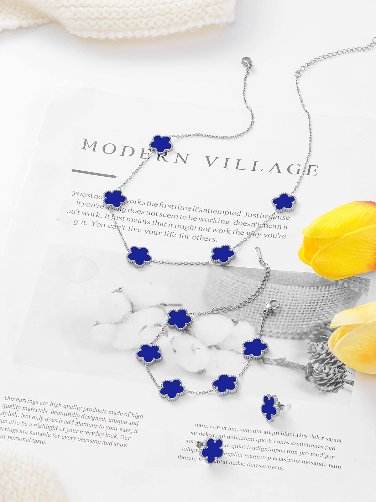 Qinpan Five Leaf Clover Necklace Bracelet and Stud Set for Women Lucky Flower Jewelry (Royal Blue-Stainless Steel)