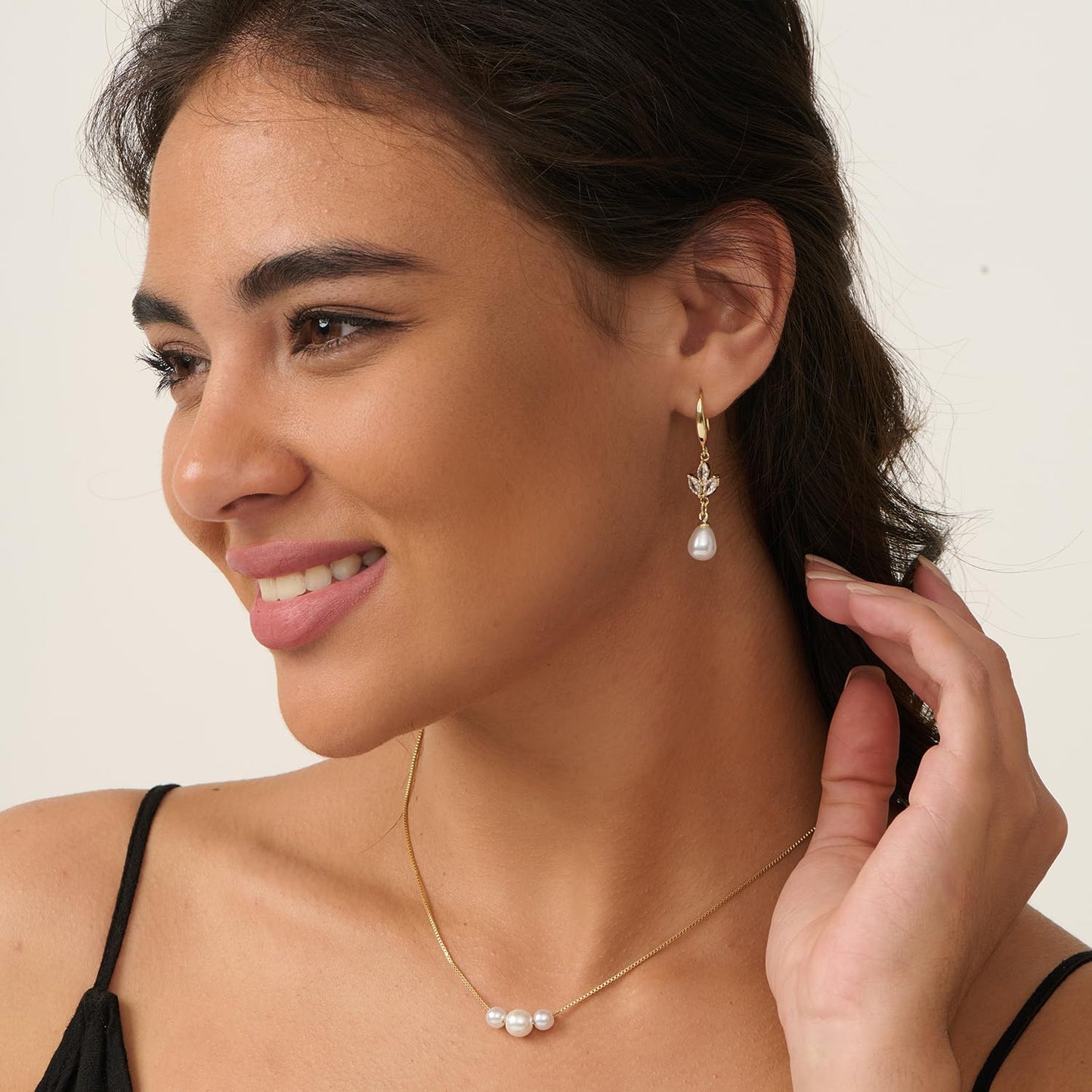 PRTGL Pearl Earrings: 14k Gold-plated Cubic Zirconia Accented Pearl Dangle Wedding Engagement Earrings For Women Bridal Bridesmaid Fish Hook