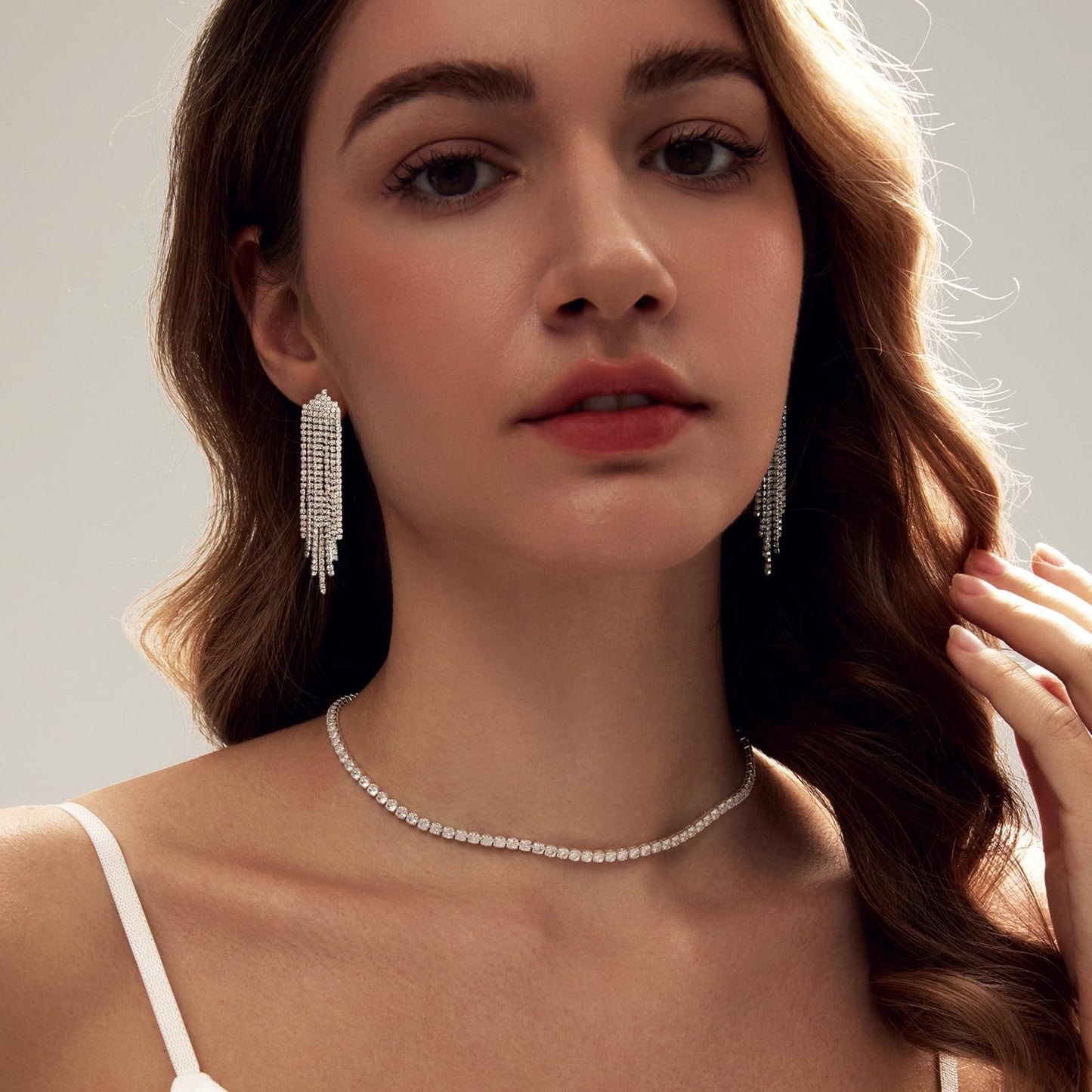 LULII Tennis Necklace Set for Women Dainty Sterling Silver Necklace and Earring Sets Rhinestone Dangle Earrings Crystal Bracelets for Women Silver Jewelry Sets for Bride Gift
