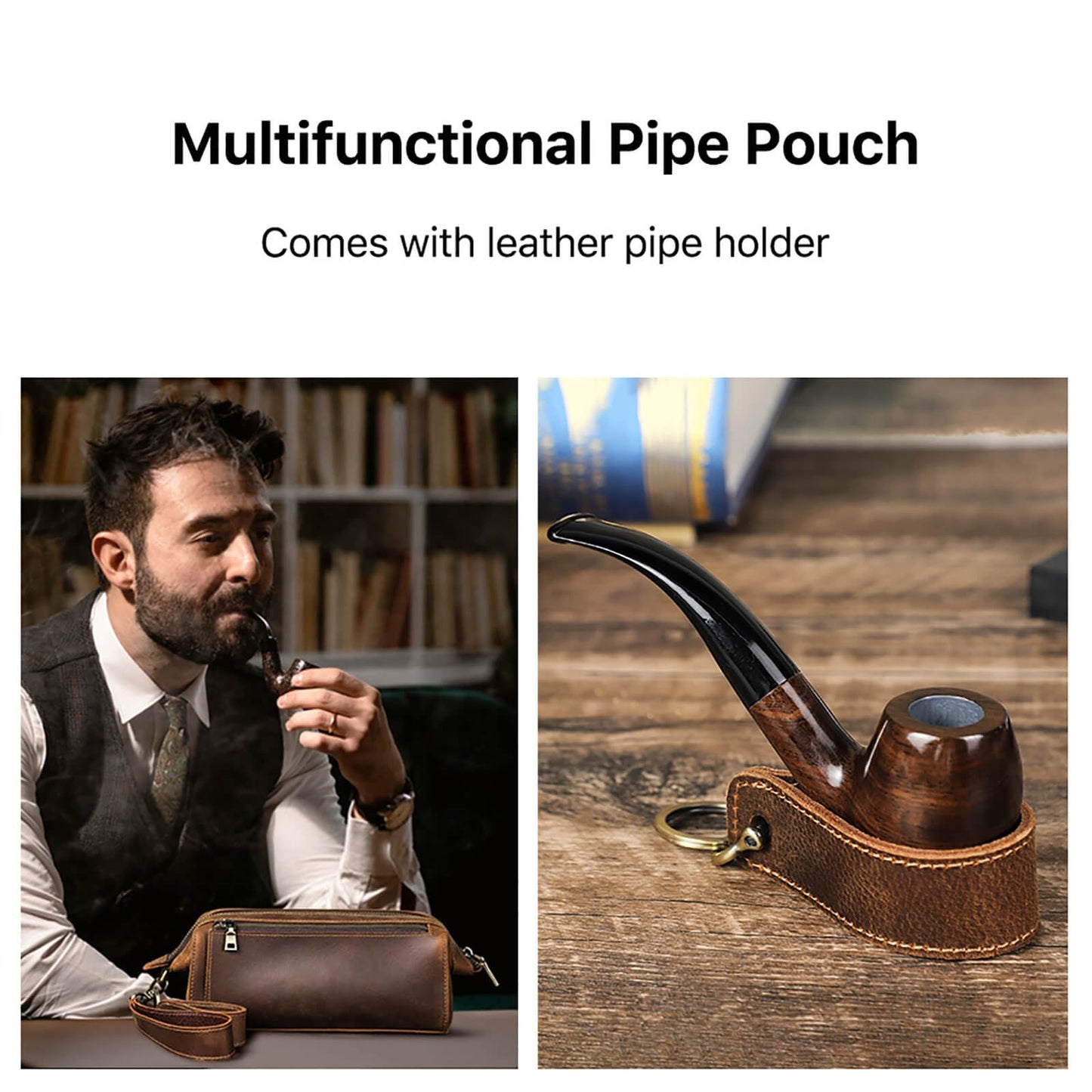 Hiram Handcrafted Travel Pipe Tobacco Pouch Pipe Support Stand Full Grain Leather Smoking Pipe Accessories Organizer for 2 Pipes,Lighters,Cigarette Accessories（only pouch case）